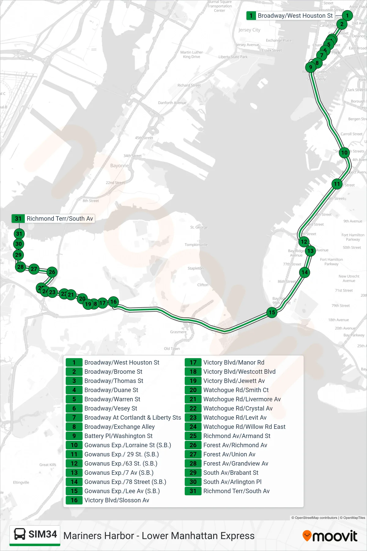 SIM34 bus Line (Mariners Harbor Via Watchogue Rd) route and stops on a map