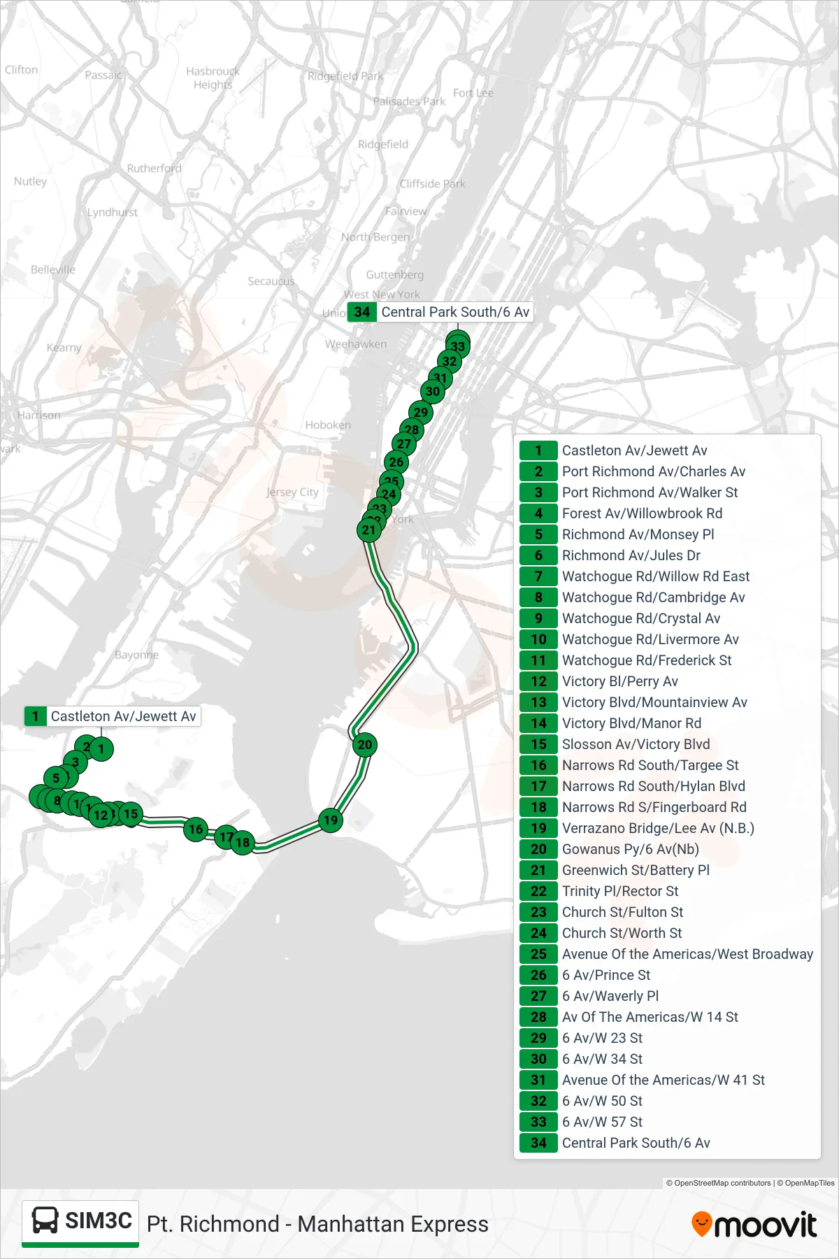 SIM3C bus Line (Midtown Via Church St Via 6 Av) route and stops on a map