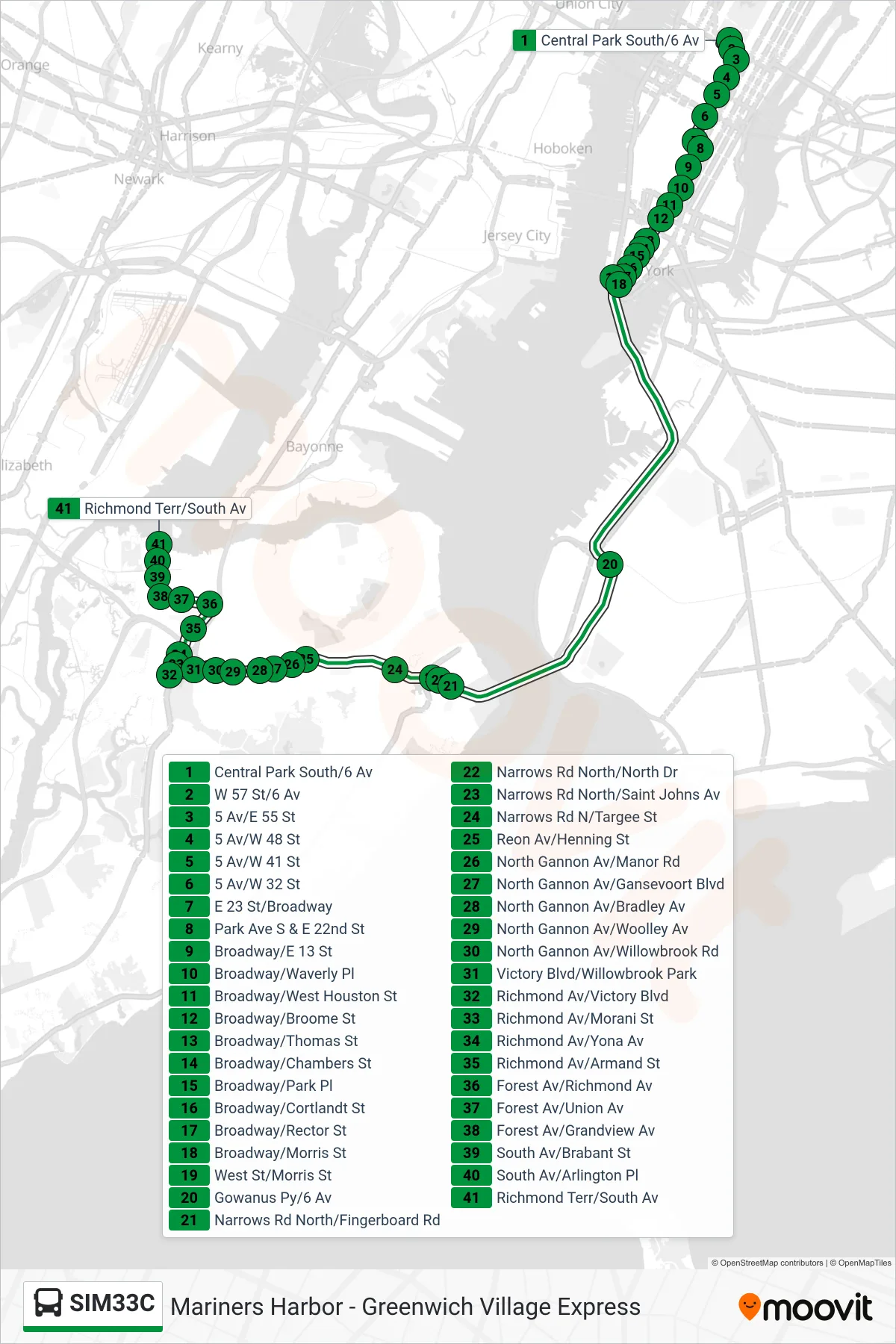 SIM33C bus Line (Mariners Harbor Via N Gannon Av) route and stops on a map