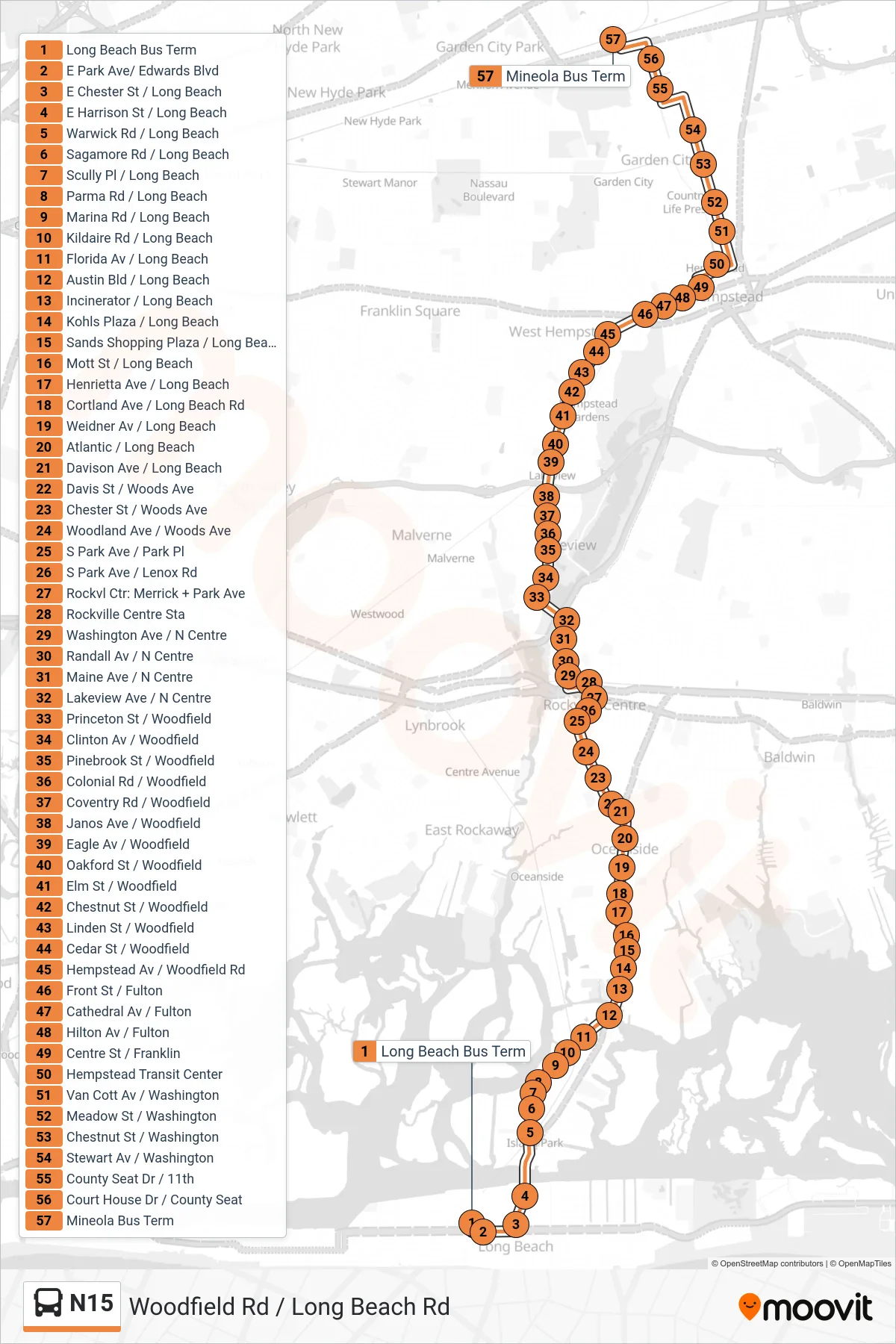 N15 bus Line (Mineola) route and stops on a map