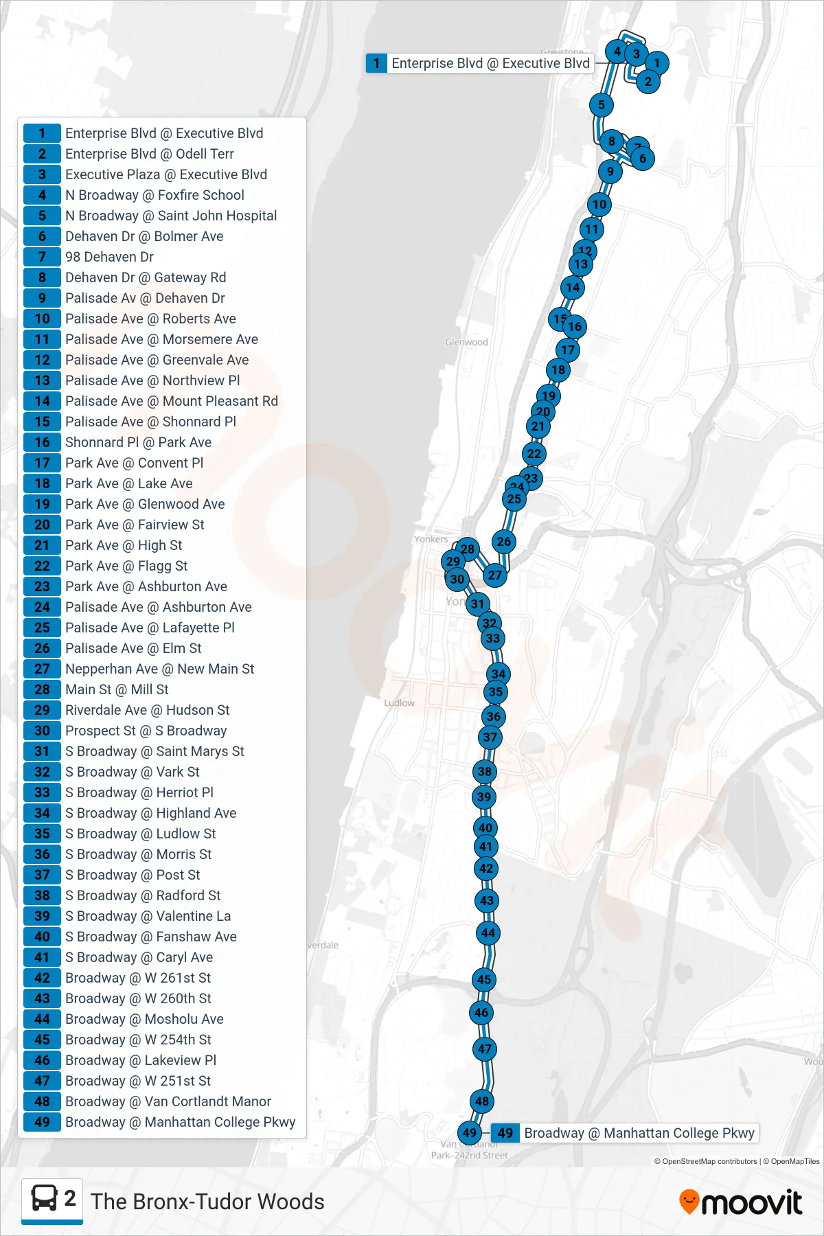 2 bus Line (The Bronx, 242nd St.) route and stops on a map