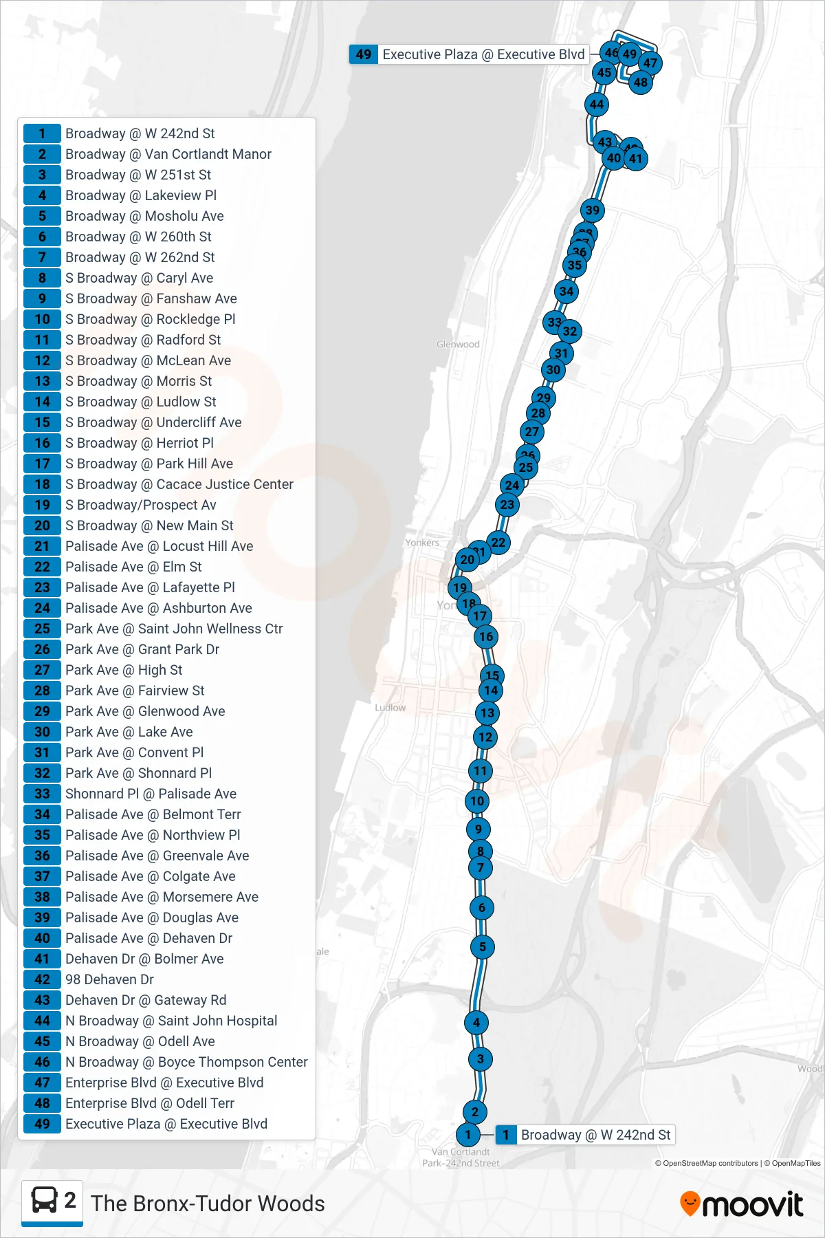 2 bus Line (Tudor Woods) route and stops on a map