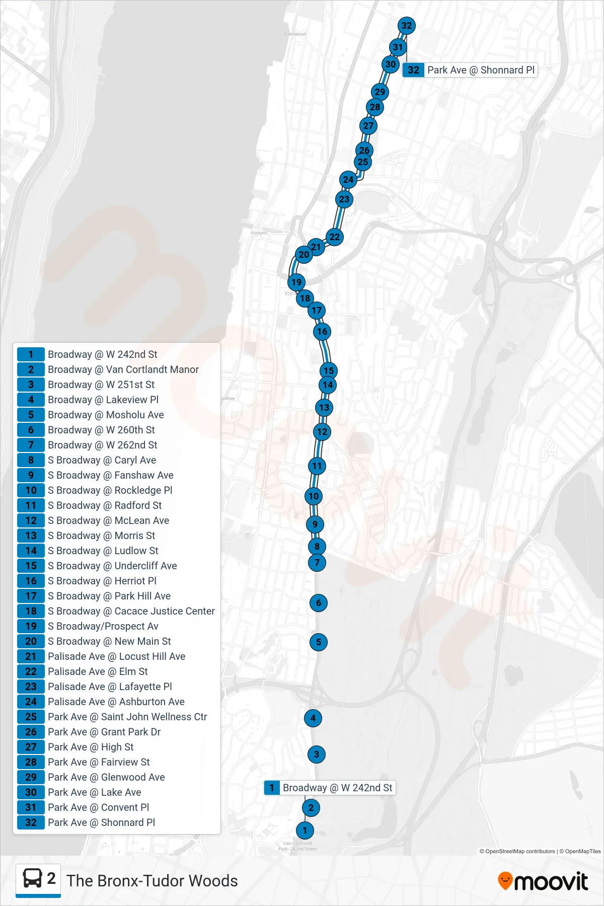 2 bus Line (Park and Shonnard) route and stops on a map