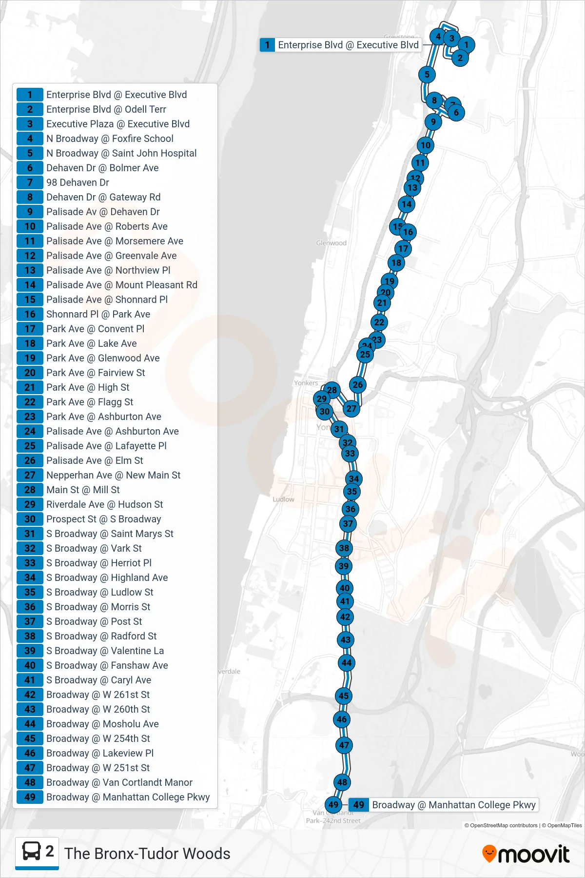 2 bus Line (242nd Street Subway Station) route and stops on a map