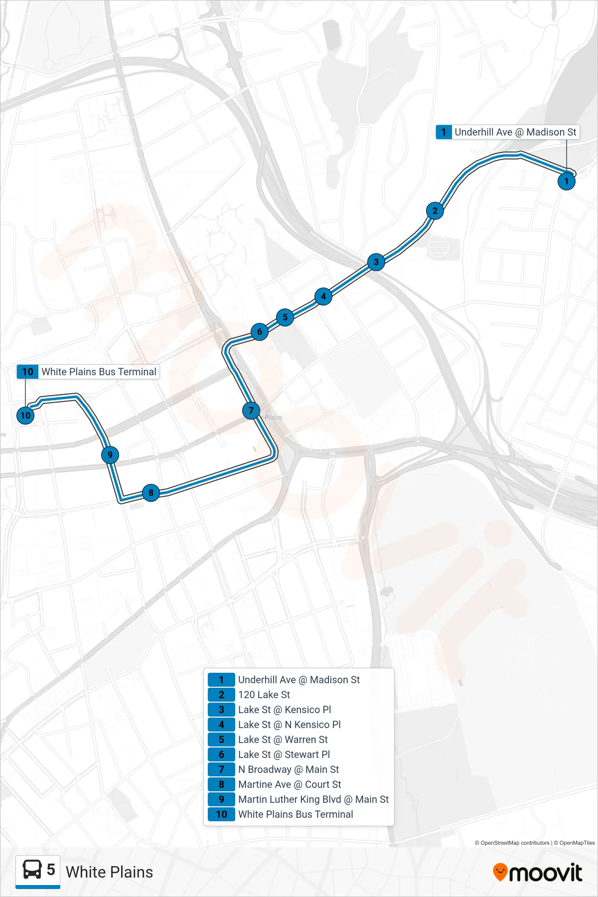 5 bus Line (White Plains) route and stops on a map