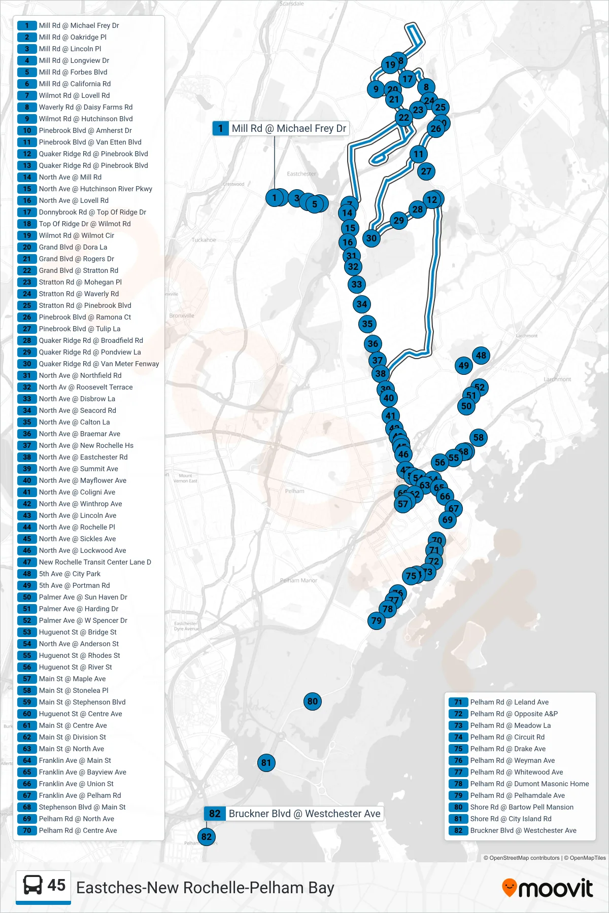 45 bus Line (The Bronx, Pelham Bay) route and stops on a map