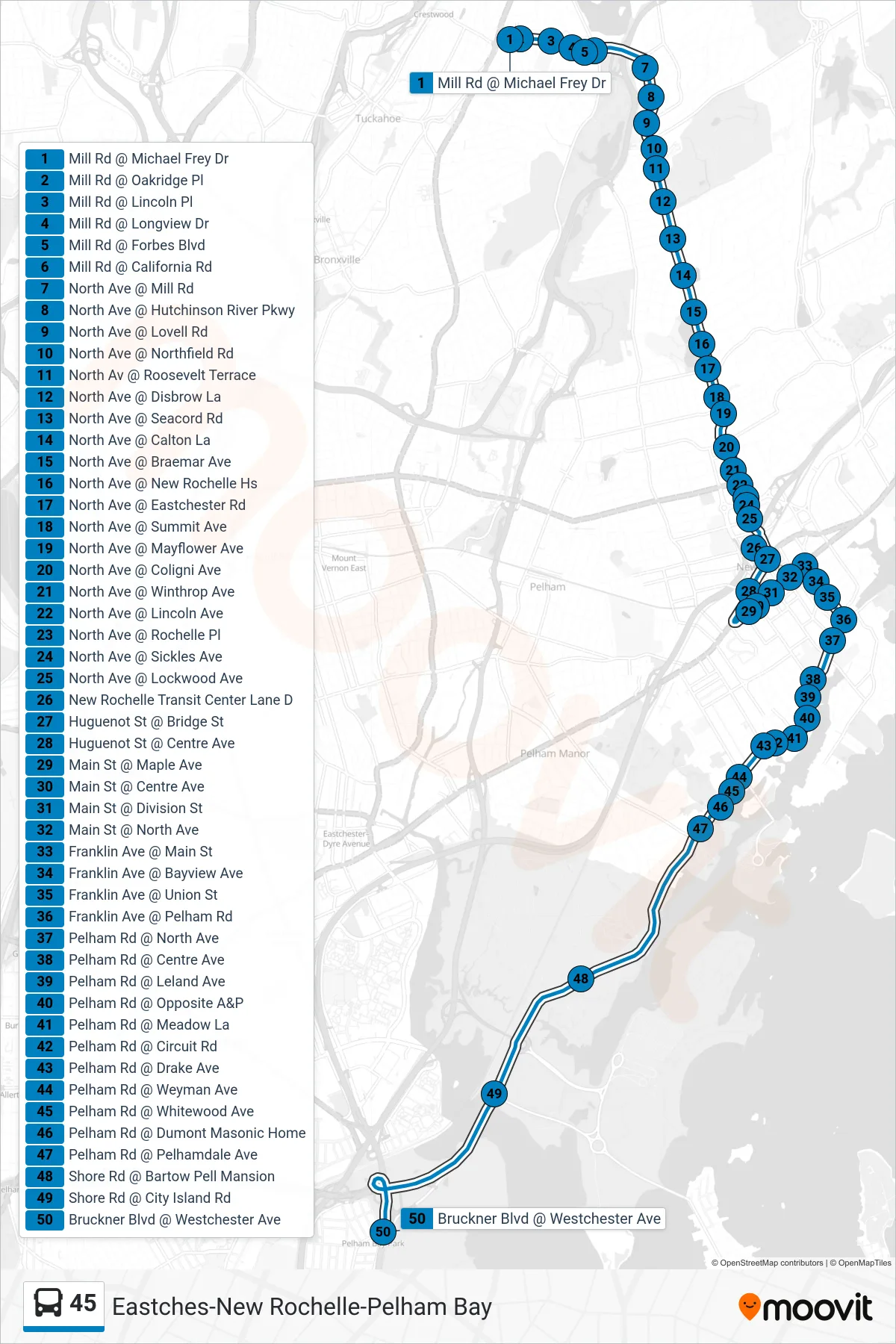 45 bus Line (Pelham Bay) route and stops on a map