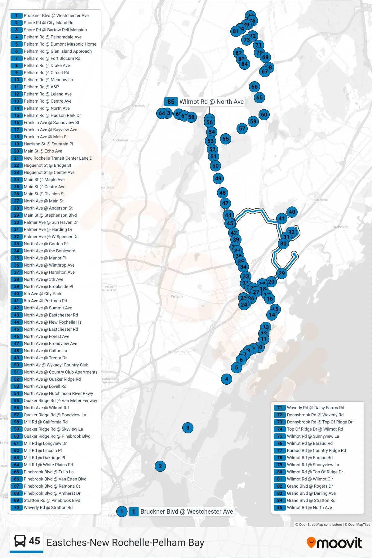 45 bus Line (Eastchester) route and stops on a map