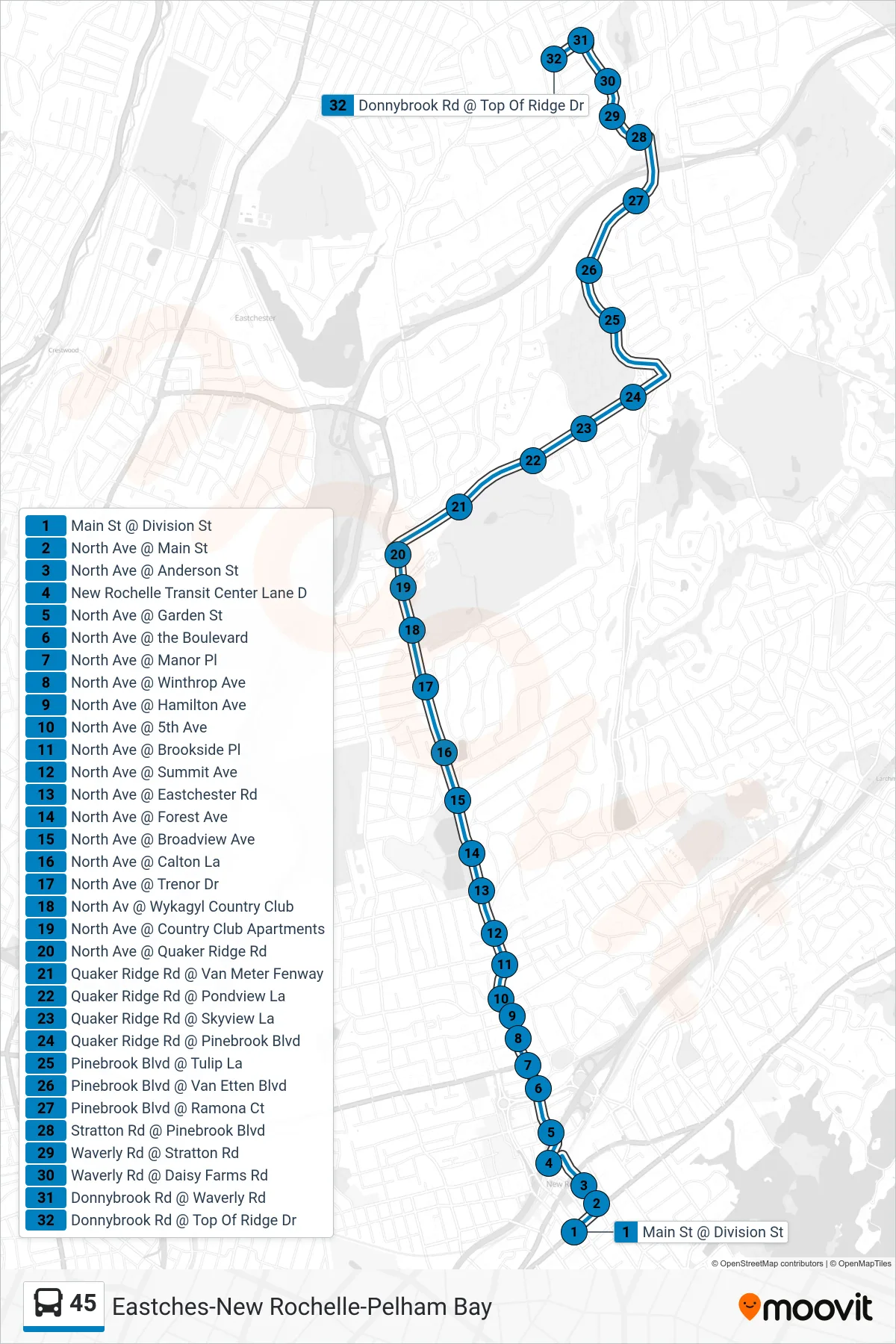 45 bus Line (Q - Top Of Ridge) route and stops on a map