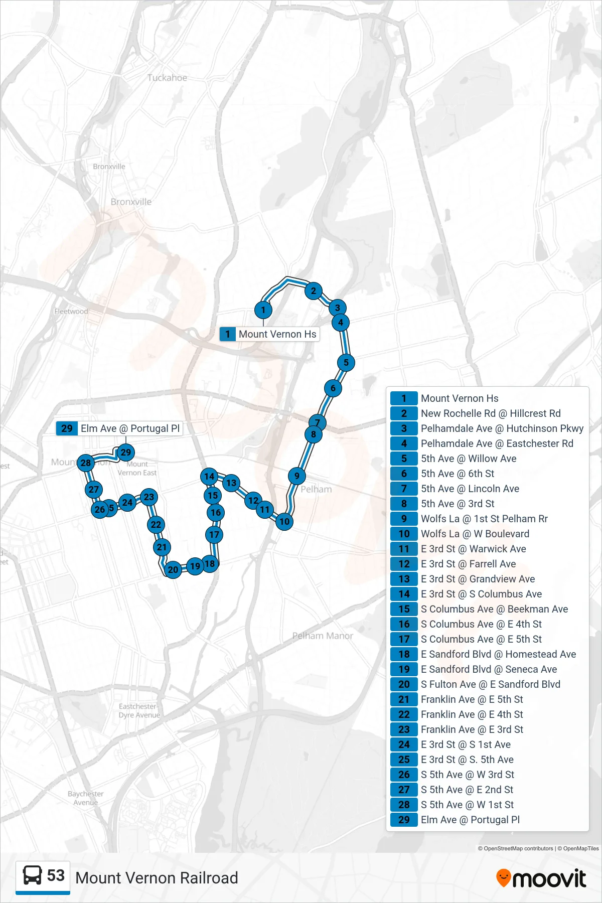 53 bus Line (Mount Vernon Railroad) route and stops on a map