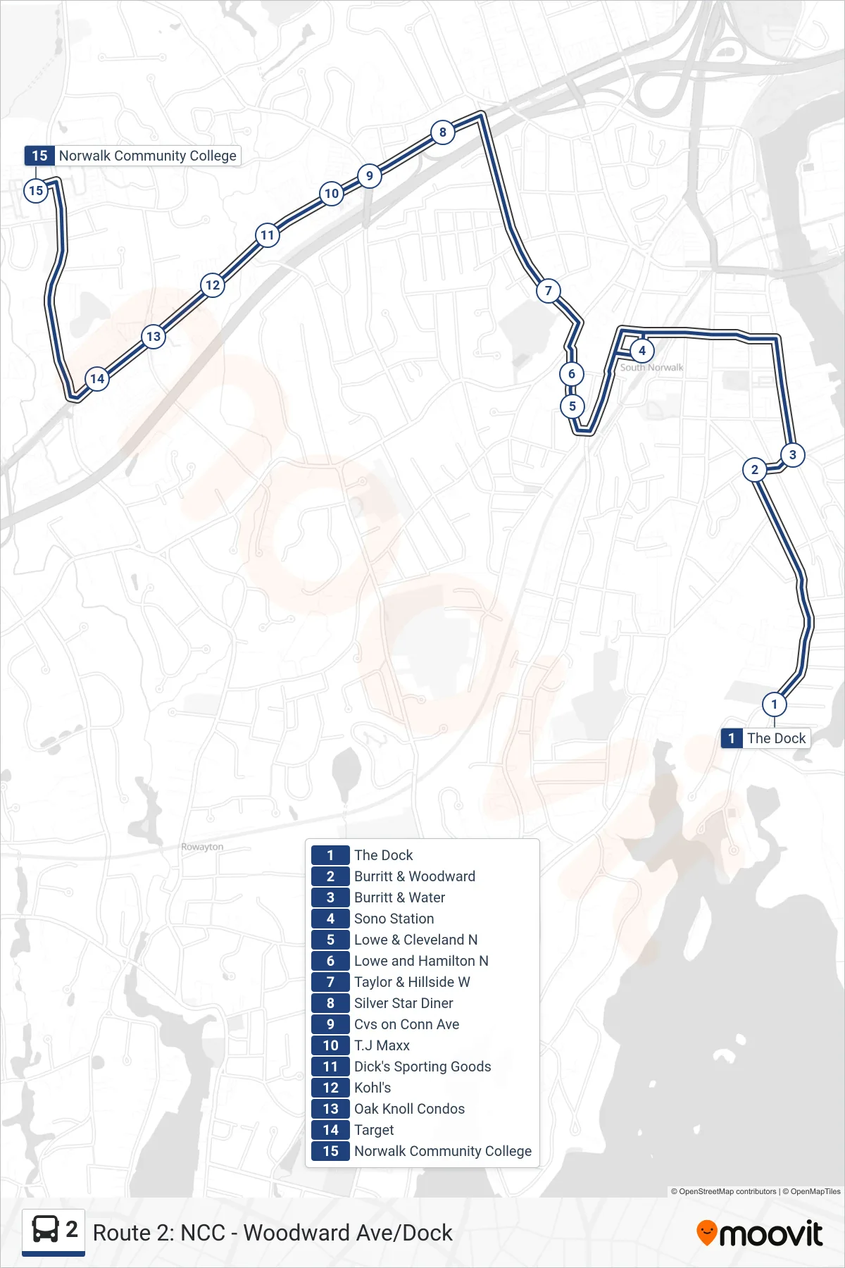 2 bus Line (The Dock→Norwalk Community College) route and stops on a map