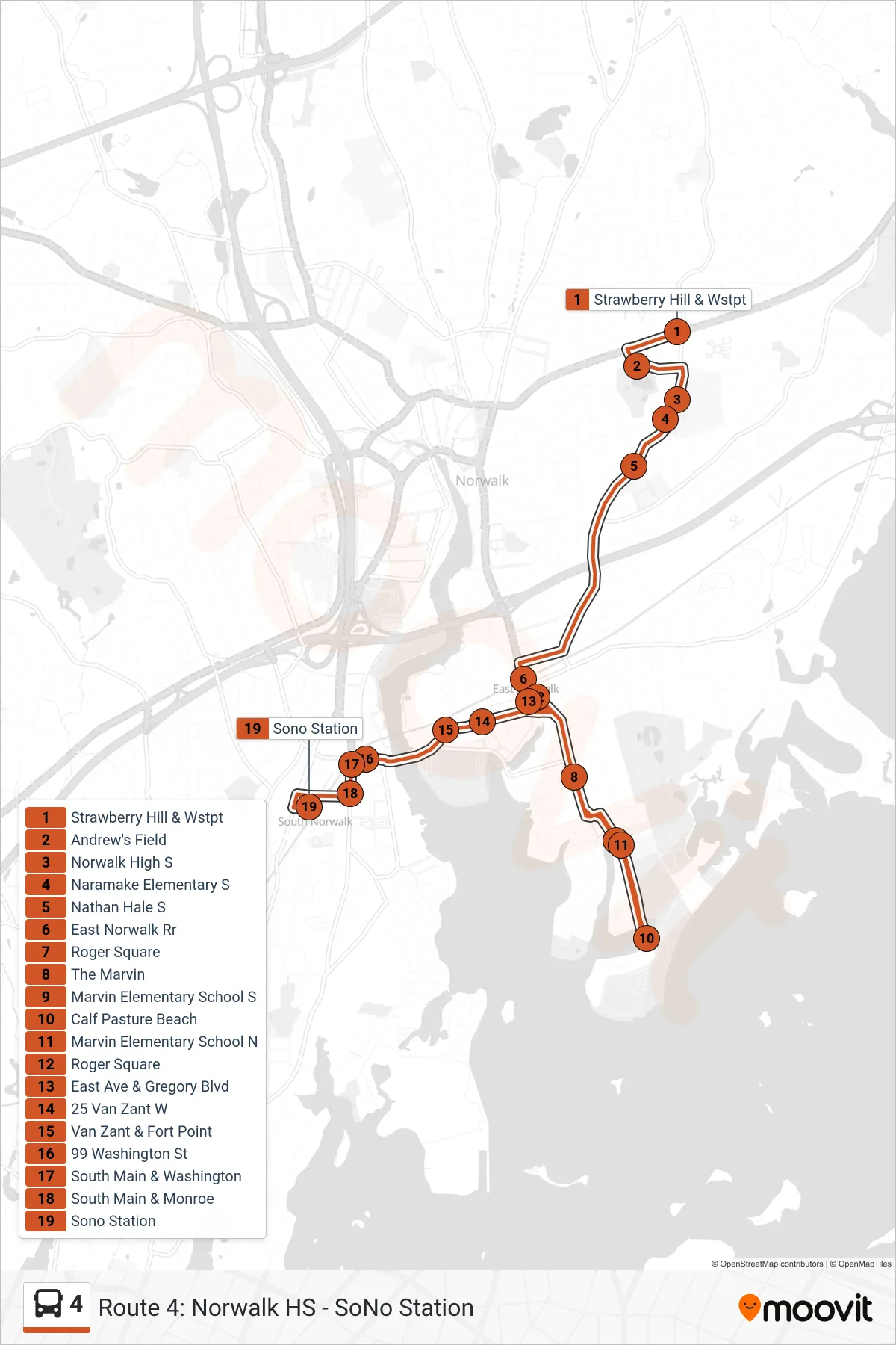 4 bus Line (Strawberry Hill & Wstpt‎→Sono Station) route and stops on a map