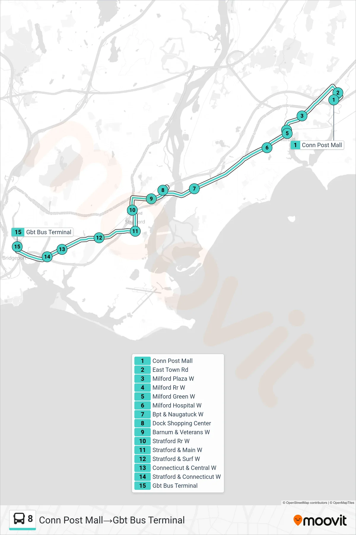 8 bus Line (Conn Post Mall‎→Gbt Bus Terminal) route and stops on a map