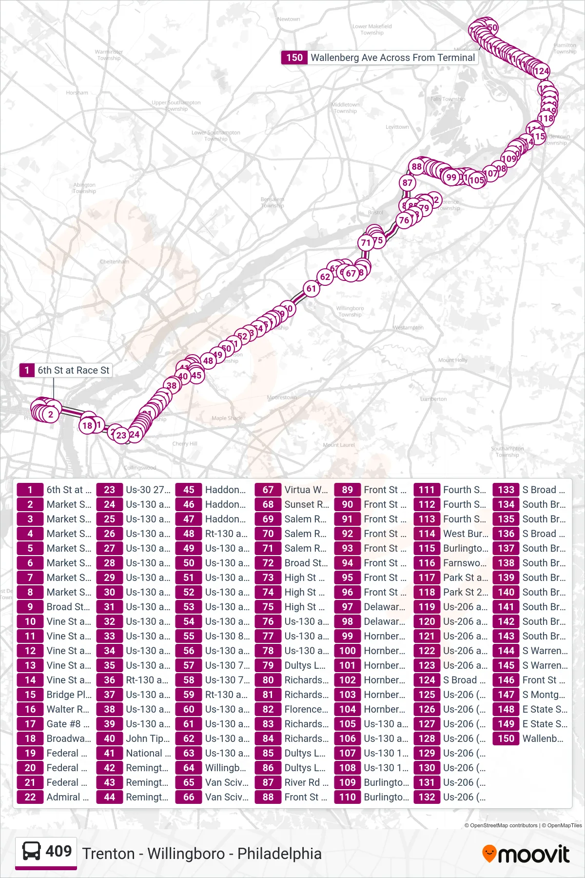 409 bus Line (Trenton Via Wrtc) route and stops on a map