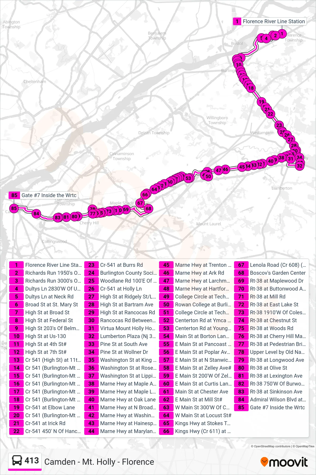413 bus Line (Camden Via Burlingtn Ctr Camden Lumbertn Plz Camden Rowan at Bc) route and stops on a map