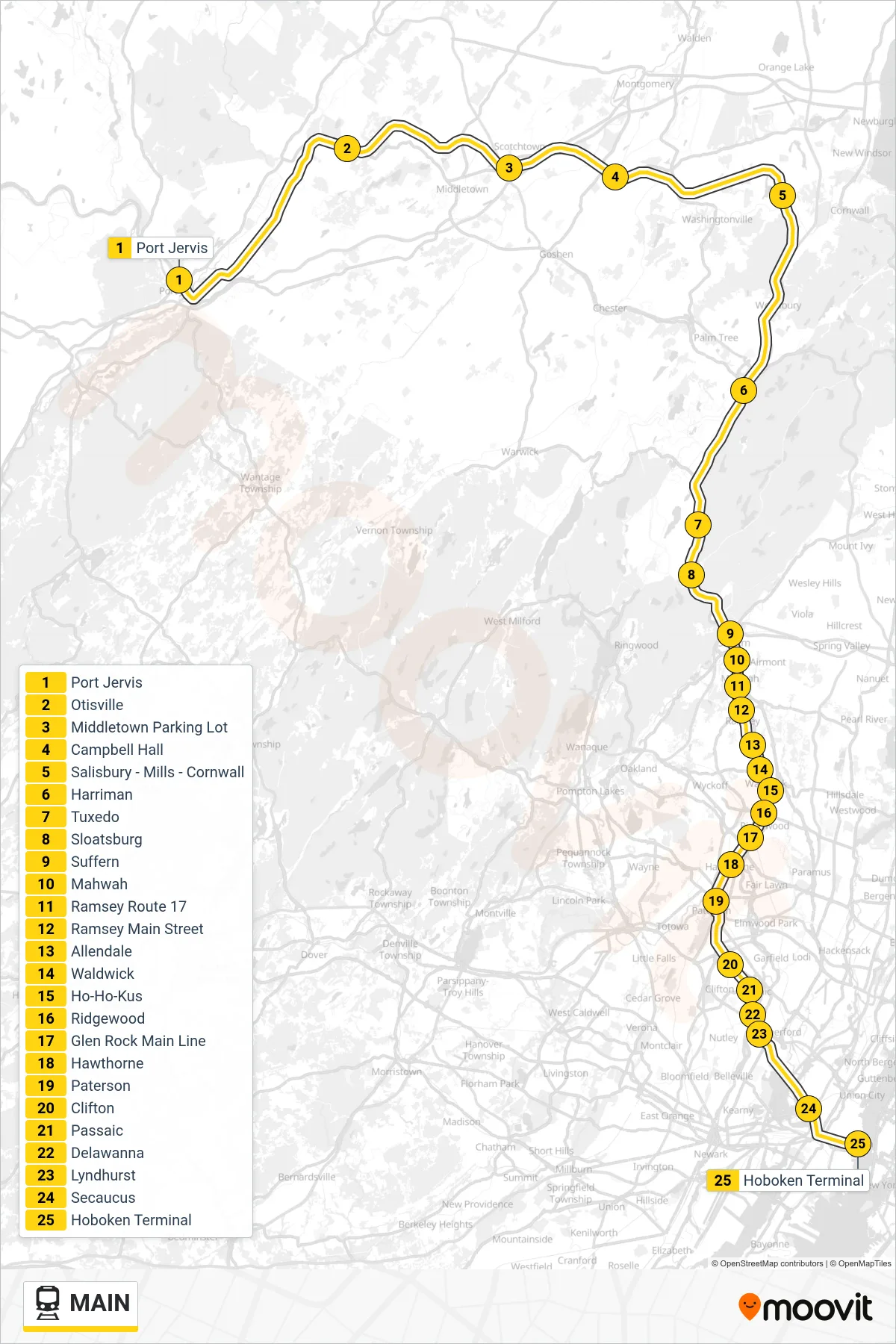MAIN rail Line (Hoboken) route and stops on a map
