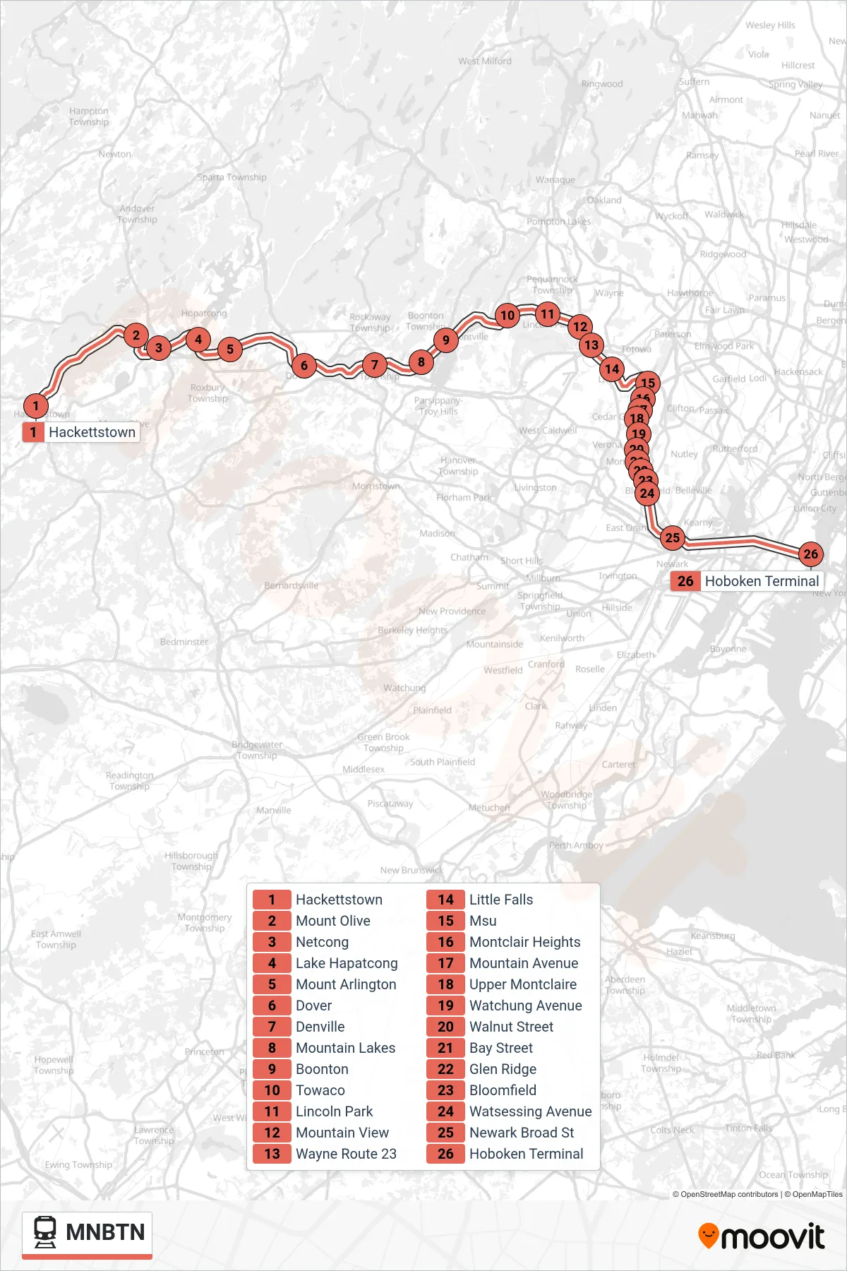 MNBTN train Line (Hoboken / Penn Station) route and stops on a map