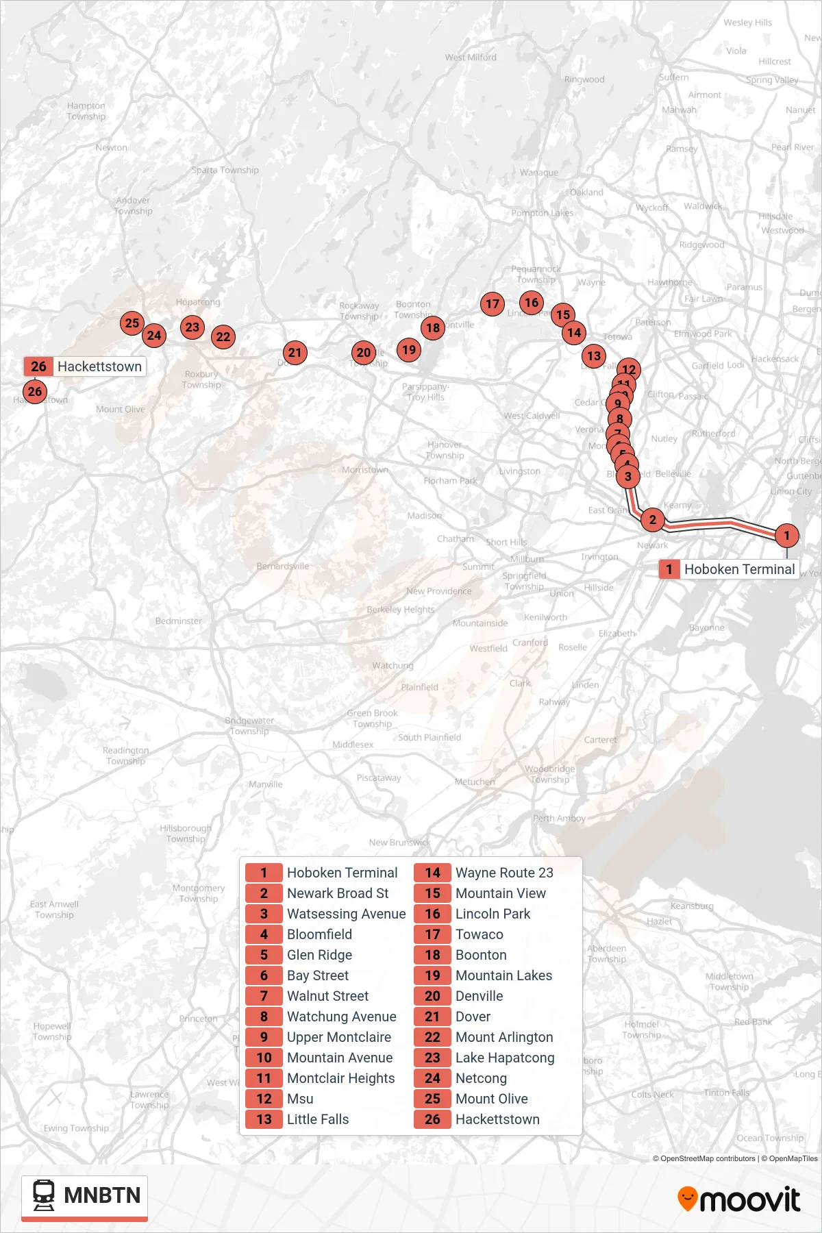 MNBTN train Line (Montclair) route and stops on a map