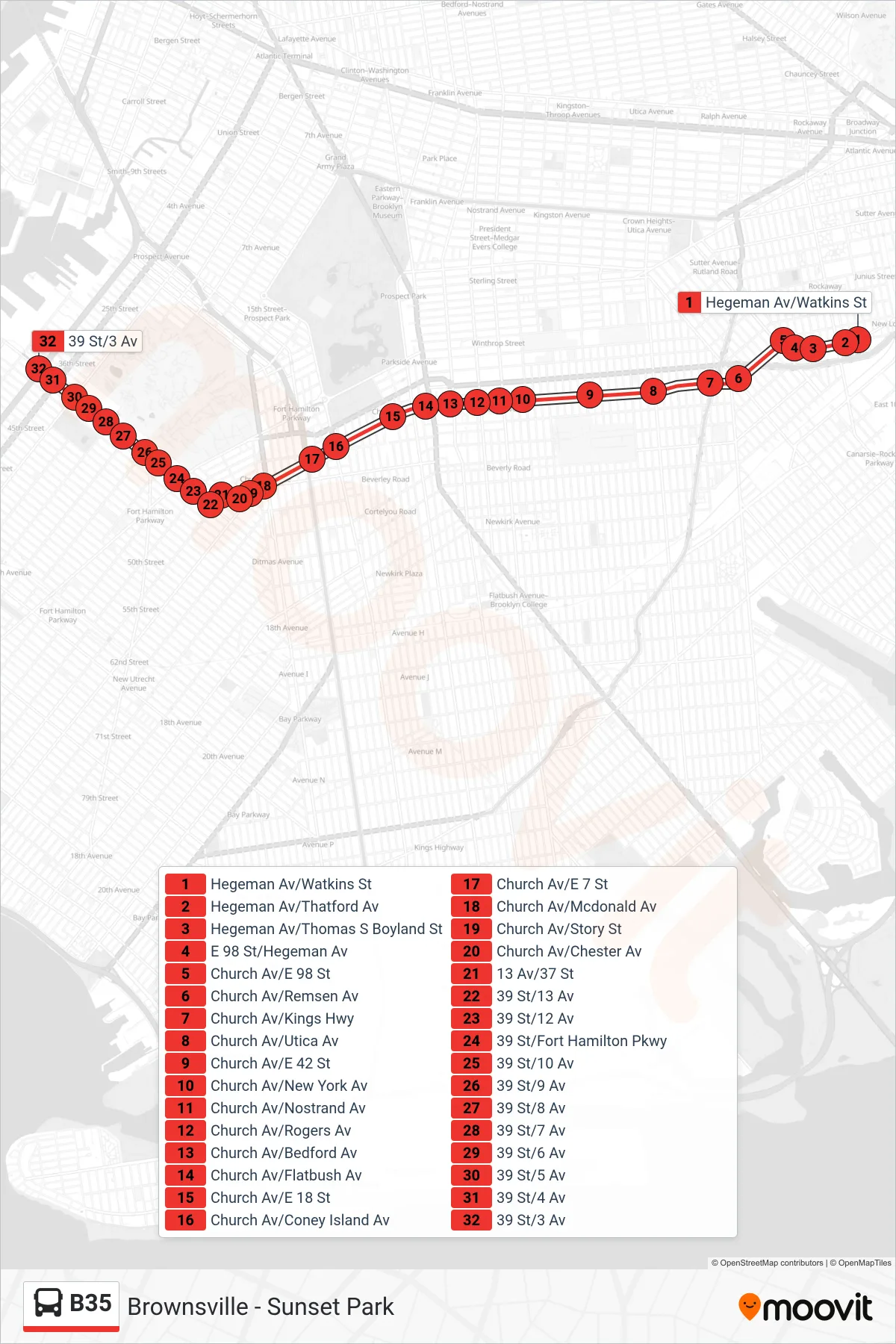 B35 bus Line (Limited Sunset Park 3 Av Via Church Av) route and stops on a map