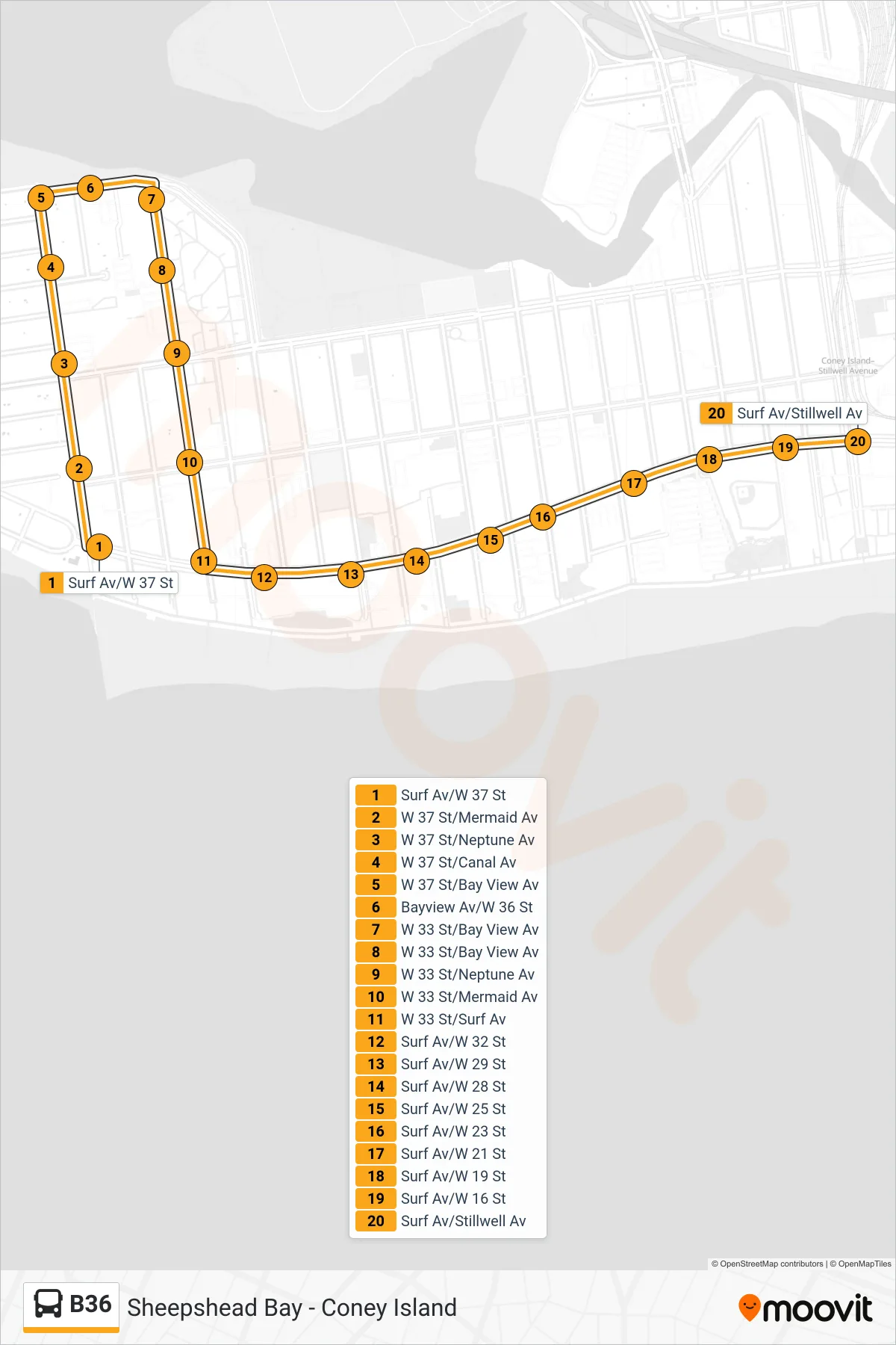 B36 bus Line (Stillwell Av) route and stops on a map