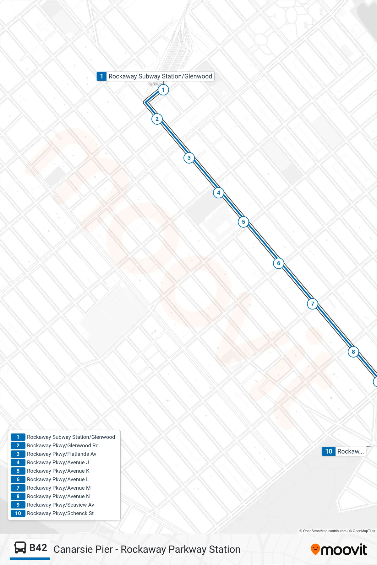 B42 bus Line (Canarsie Pier) route and stops on a map