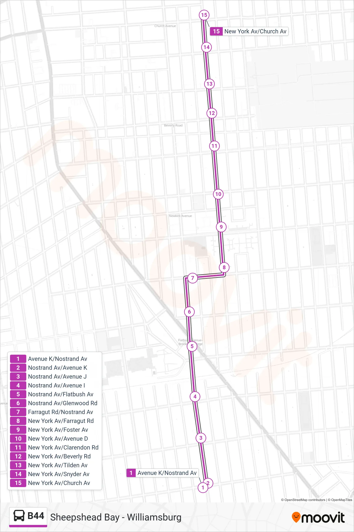 B44 bus Line (Church Av) route and stops on a map