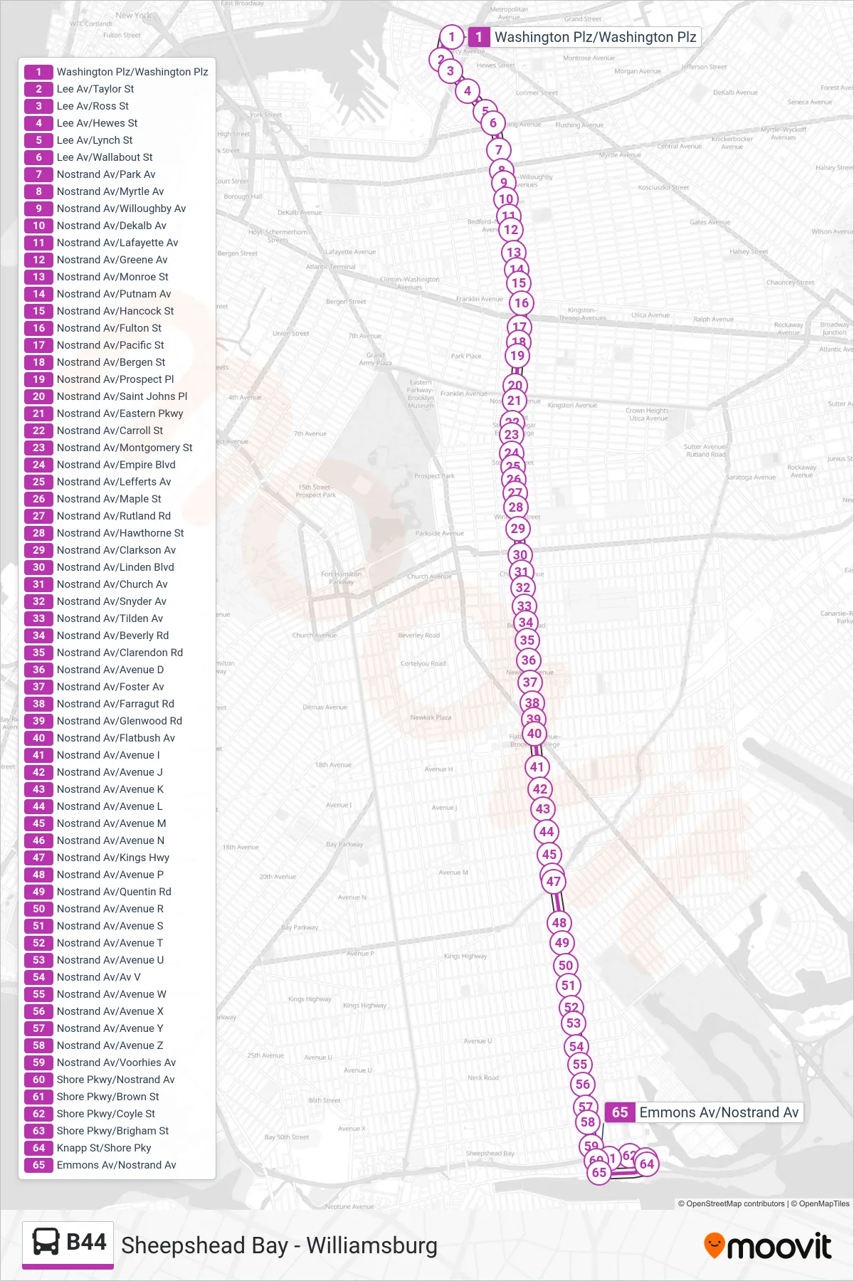 B44 bus Line (Emmons Av) route and stops on a map