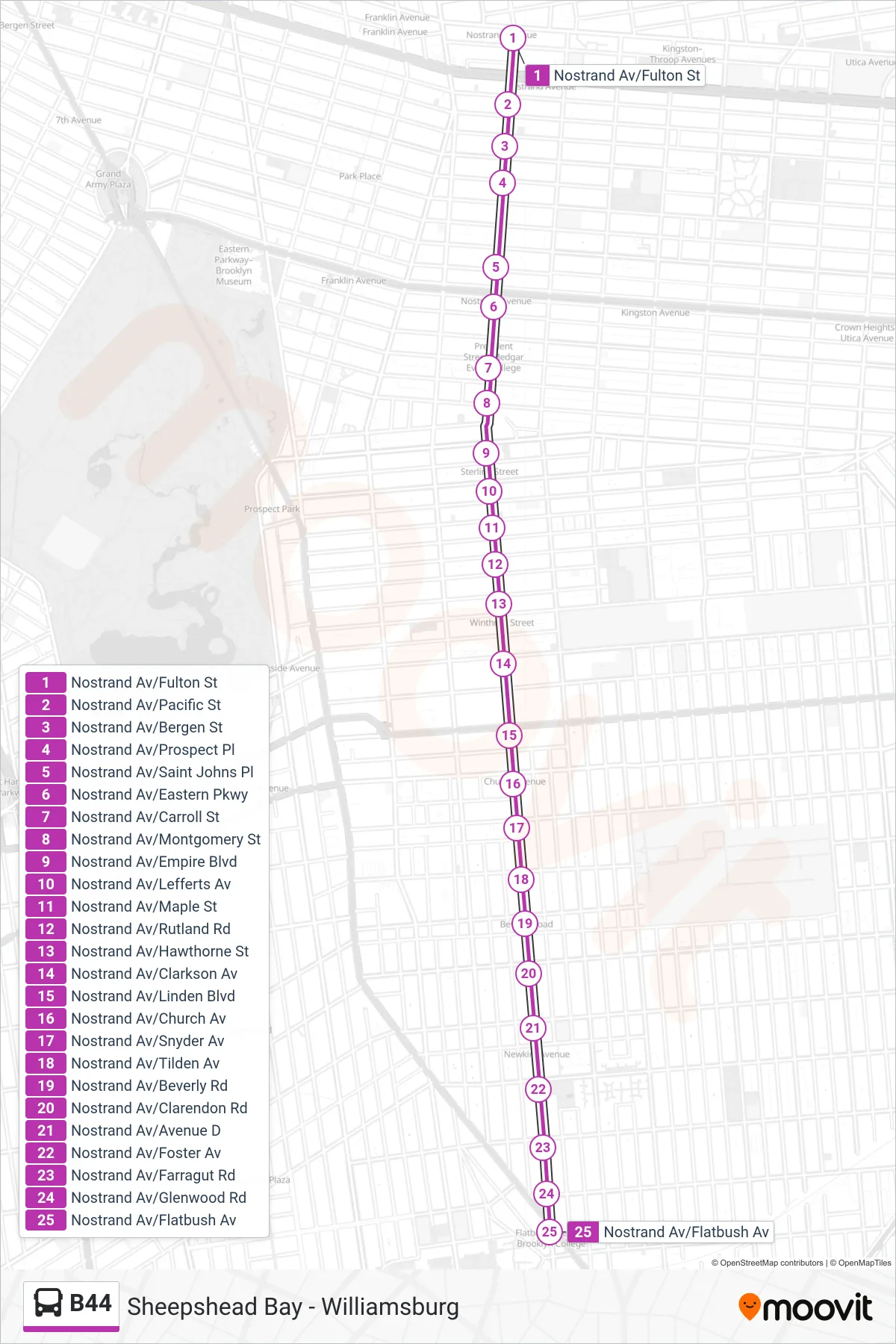 B44 bus Line (Flatbush Av) route and stops on a map