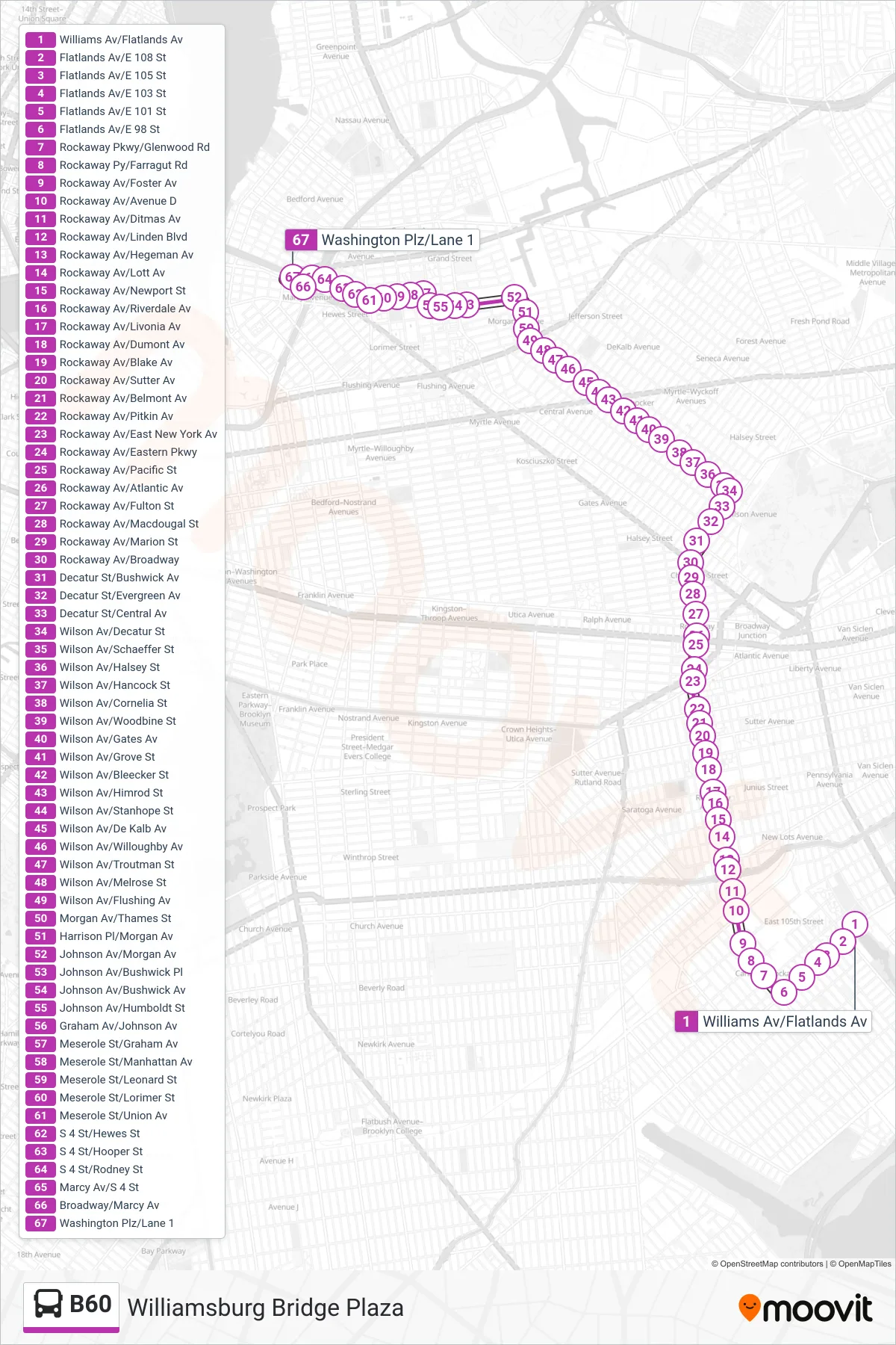 B60 bus Line (Williamsburg Bridge Plaza) route and stops on a map