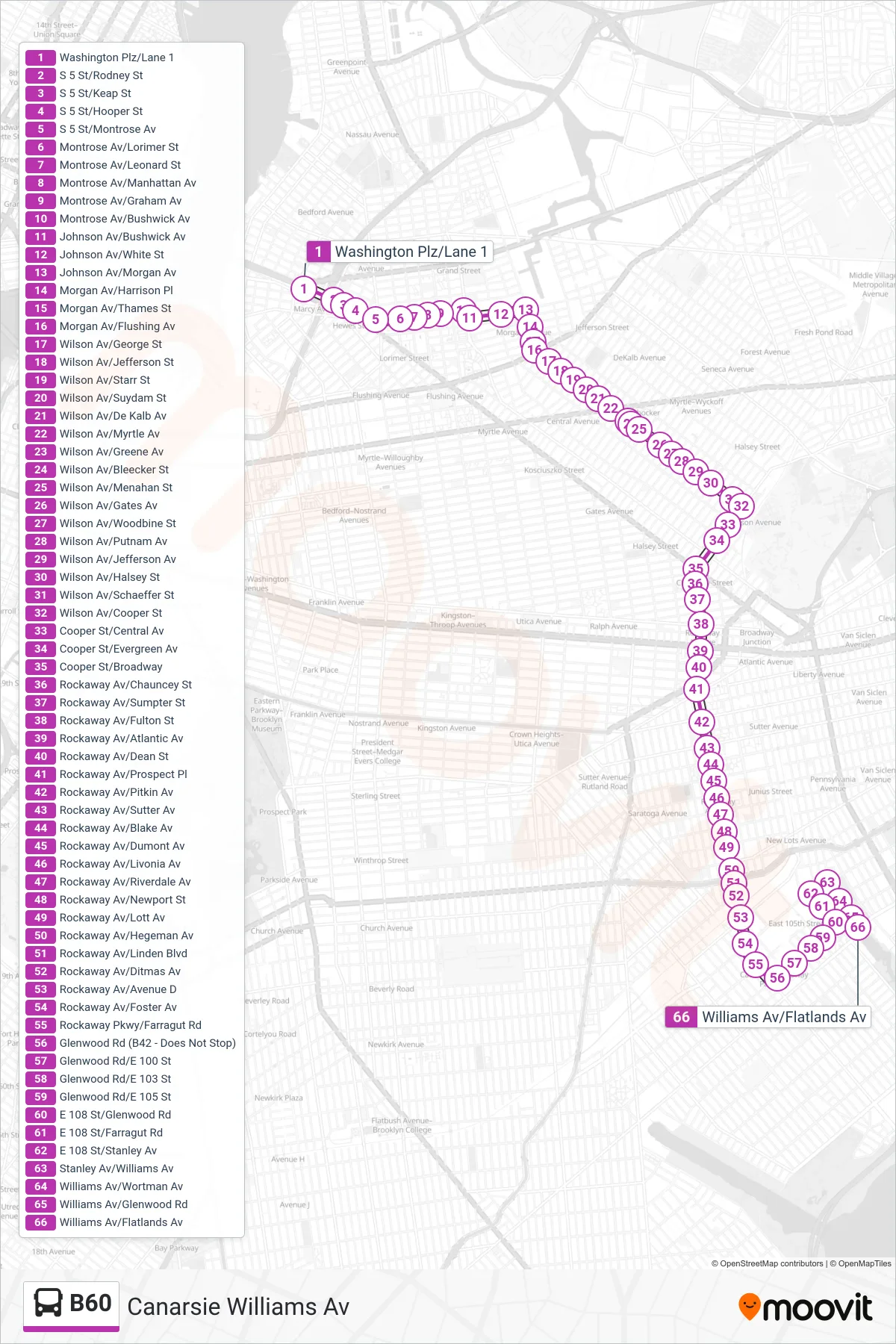 B60 bus Line (Canarsie Williams Av) route and stops on a map