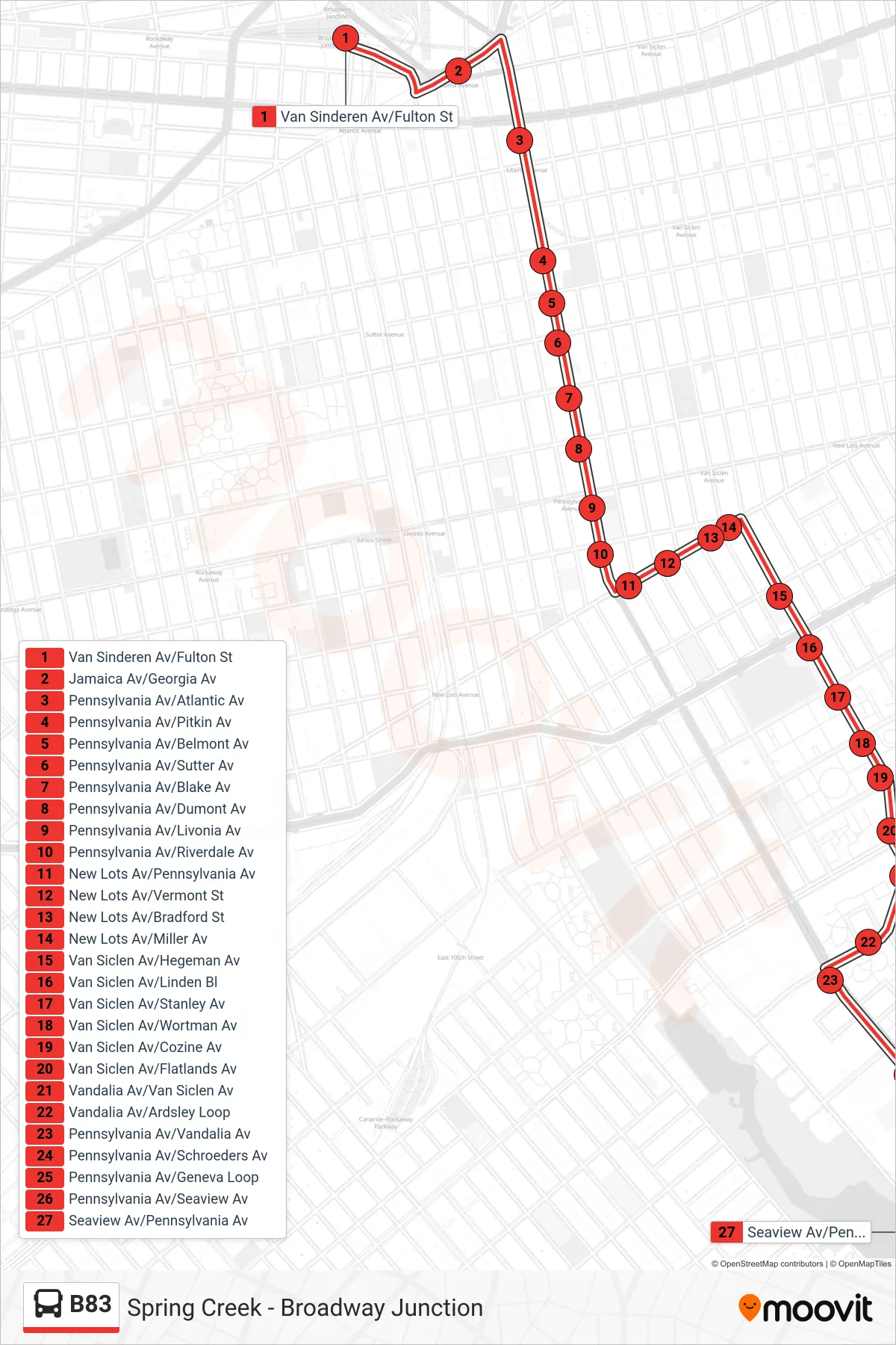 B83 bus Line (Spring Creek Towers Seaview Av) route and stops on a map