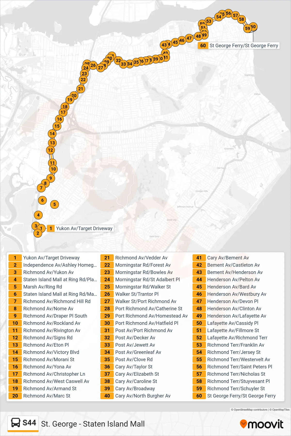 S44 bus Line (St George Ferry) route and stops on a map