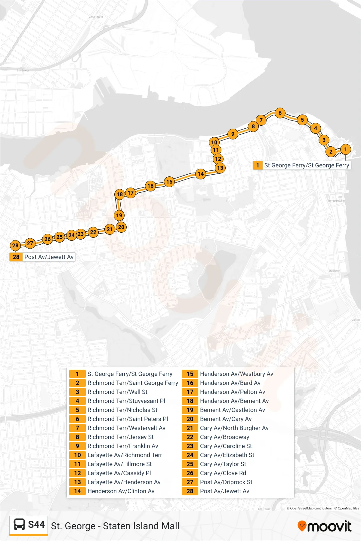 S44 bus Line (Post Av Jewett Av) route and stops on a map