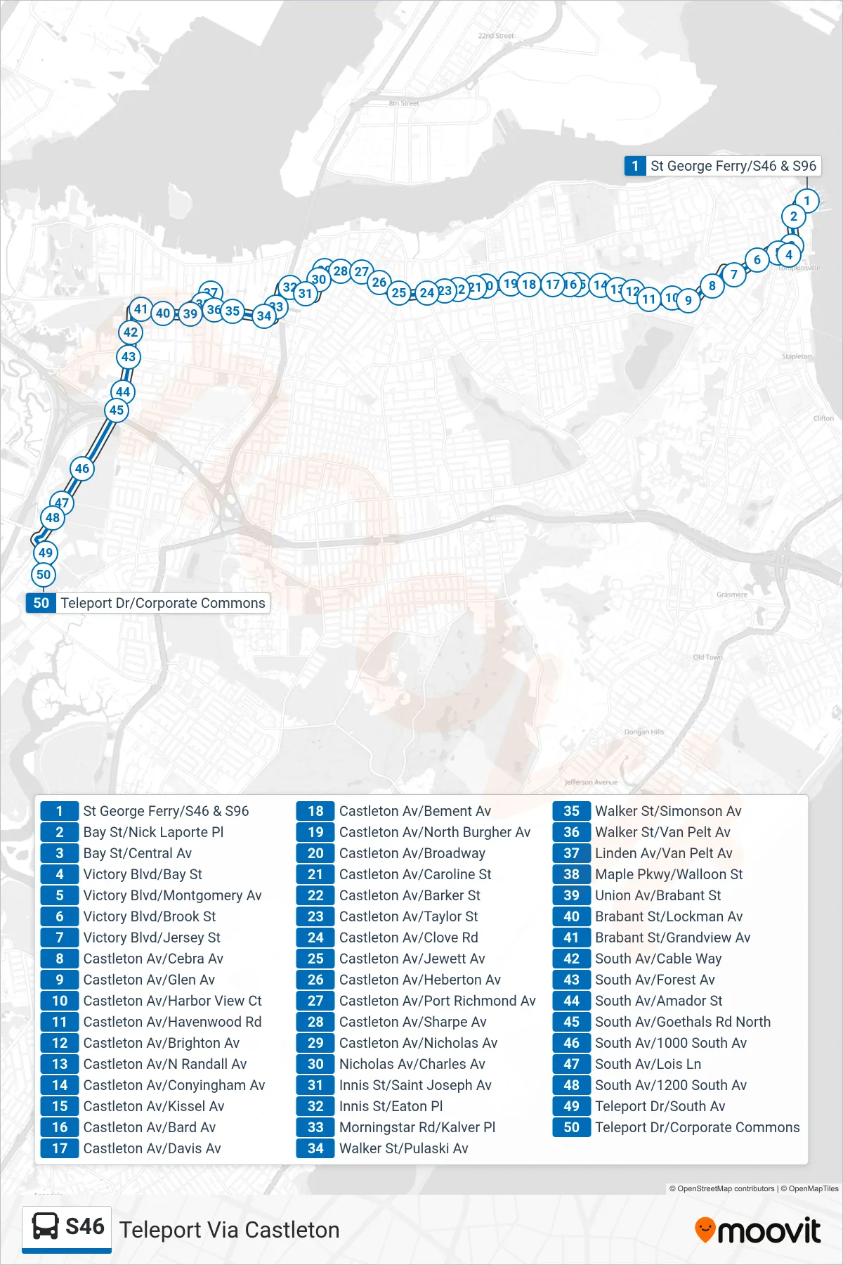 S46 bus Line (Teleport Via Castleton) route and stops on a map
