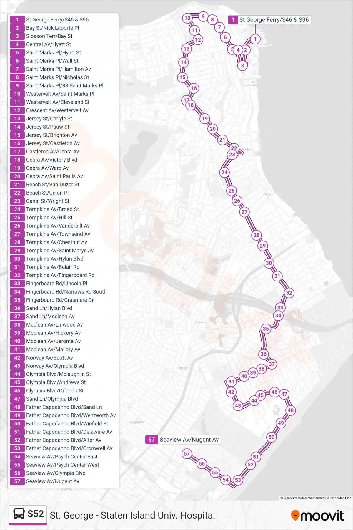 S52 bus Line (Staten Island Hospital Seaview Av) route and stops on a map