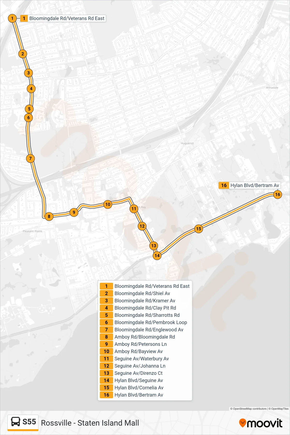 S55 bus Line (Hylan Bl Bertram Av) route and stops on a map
