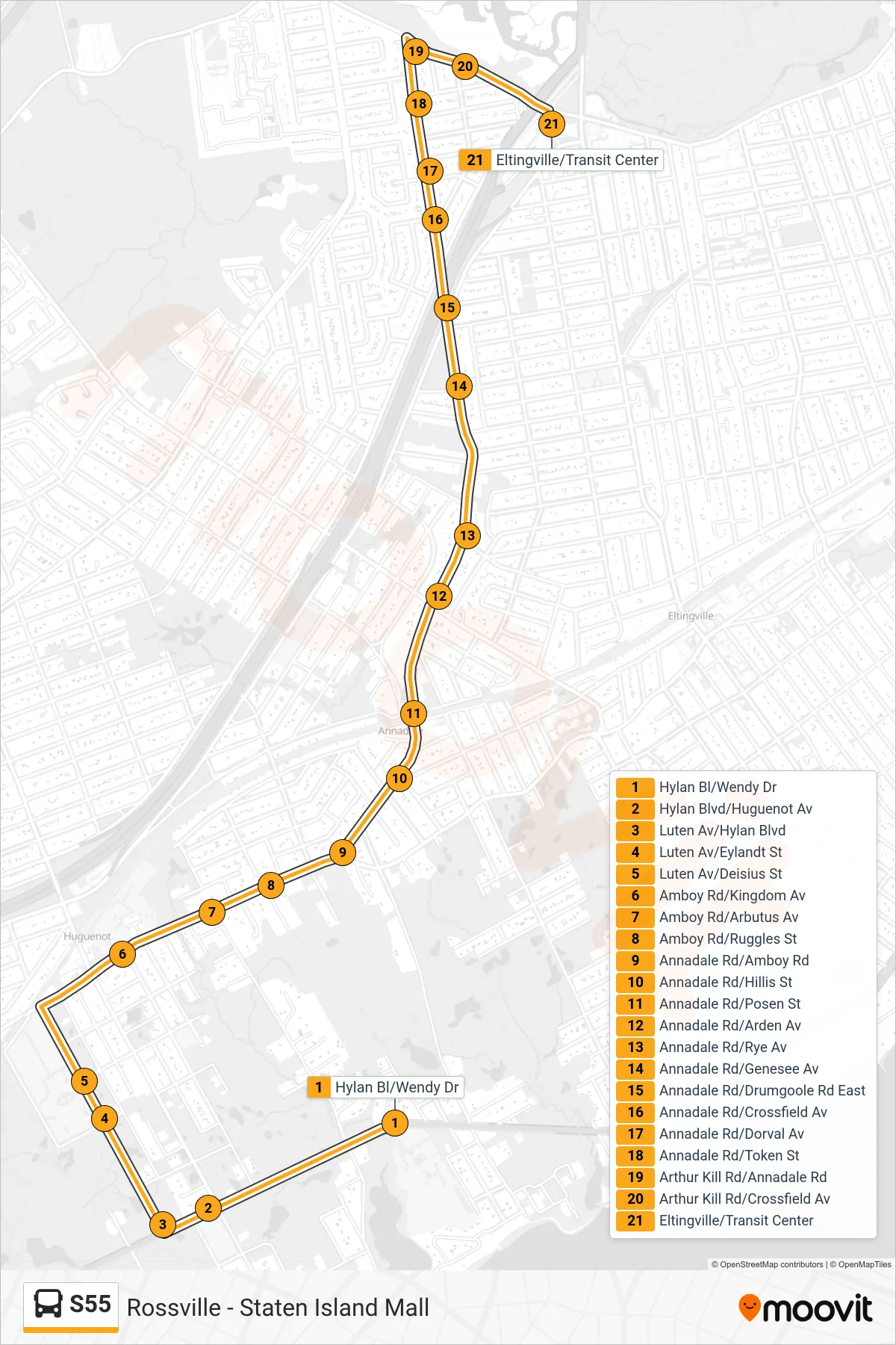 S55 bus Line (Eltingville Transit Ctr) route and stops on a map