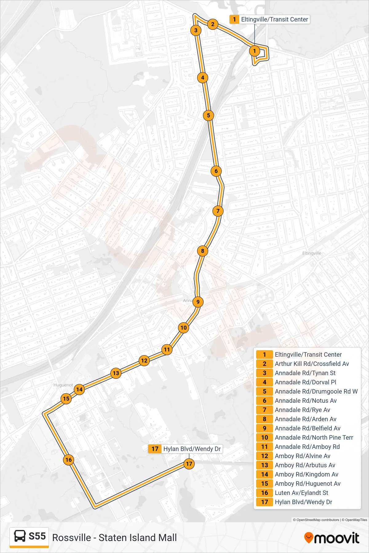 S55 bus Line (Hylan Bl Bertram Av) route and stops on a map