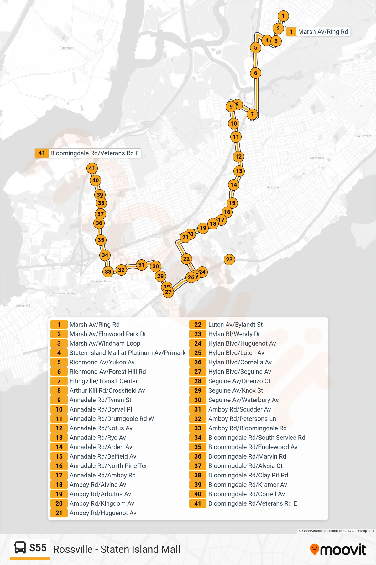 S55 bus Line (Rossville Veterans Rd E Via Amboy Rd) route and stops on a map