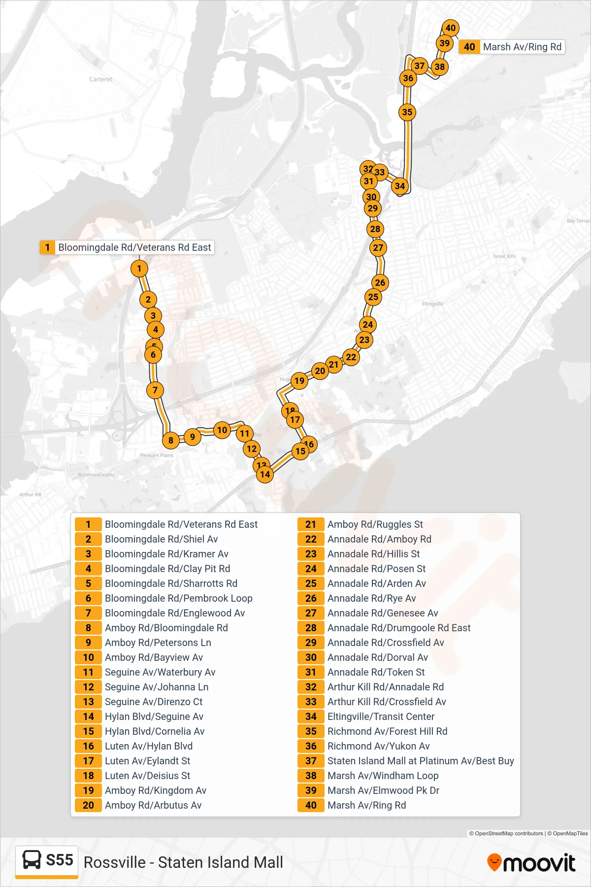 S55 bus Line (Staten Island Mall) route and stops on a map