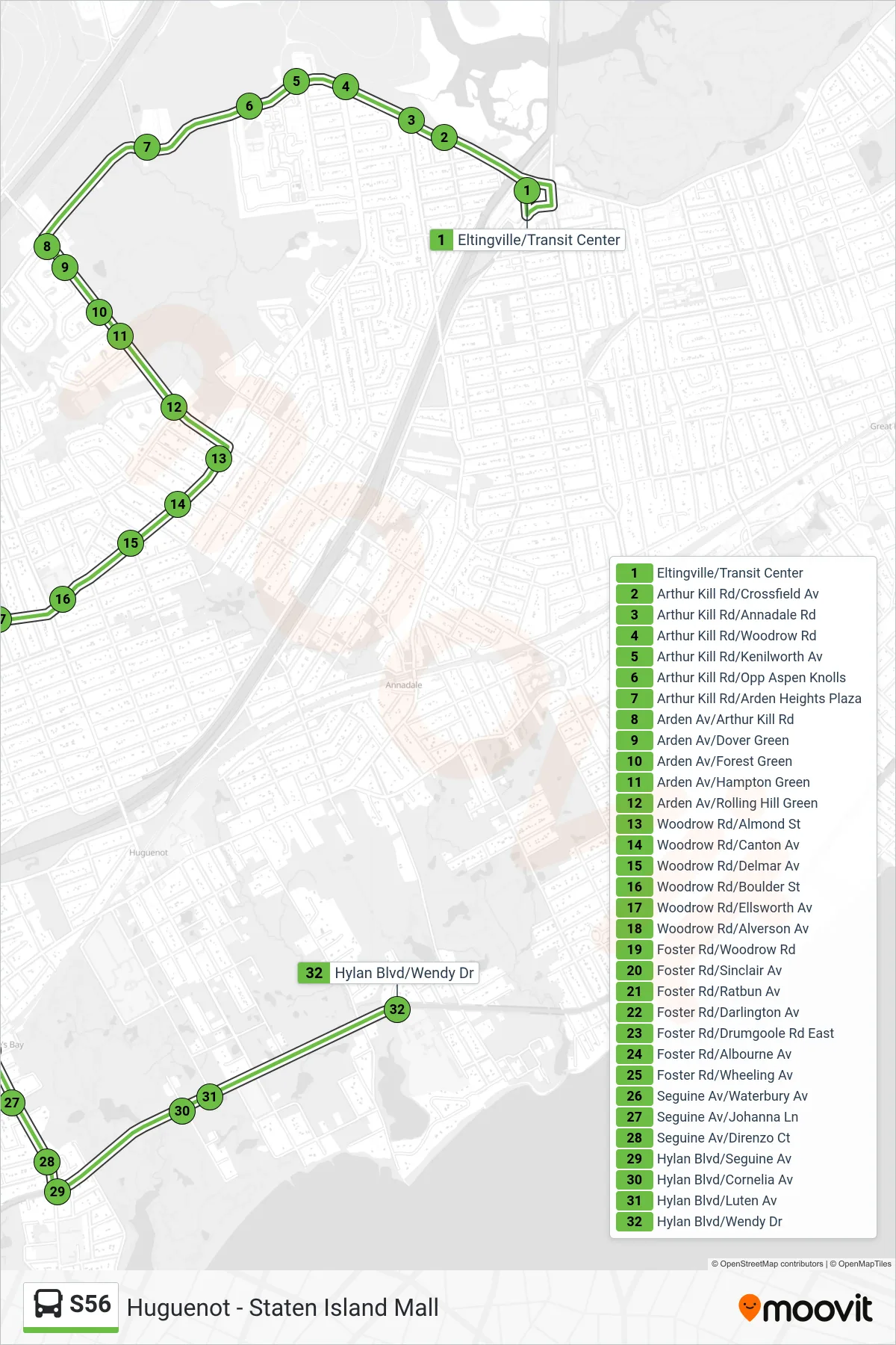 S56 bus Line (Hylan Bl Bertram Av) route and stops on a map
