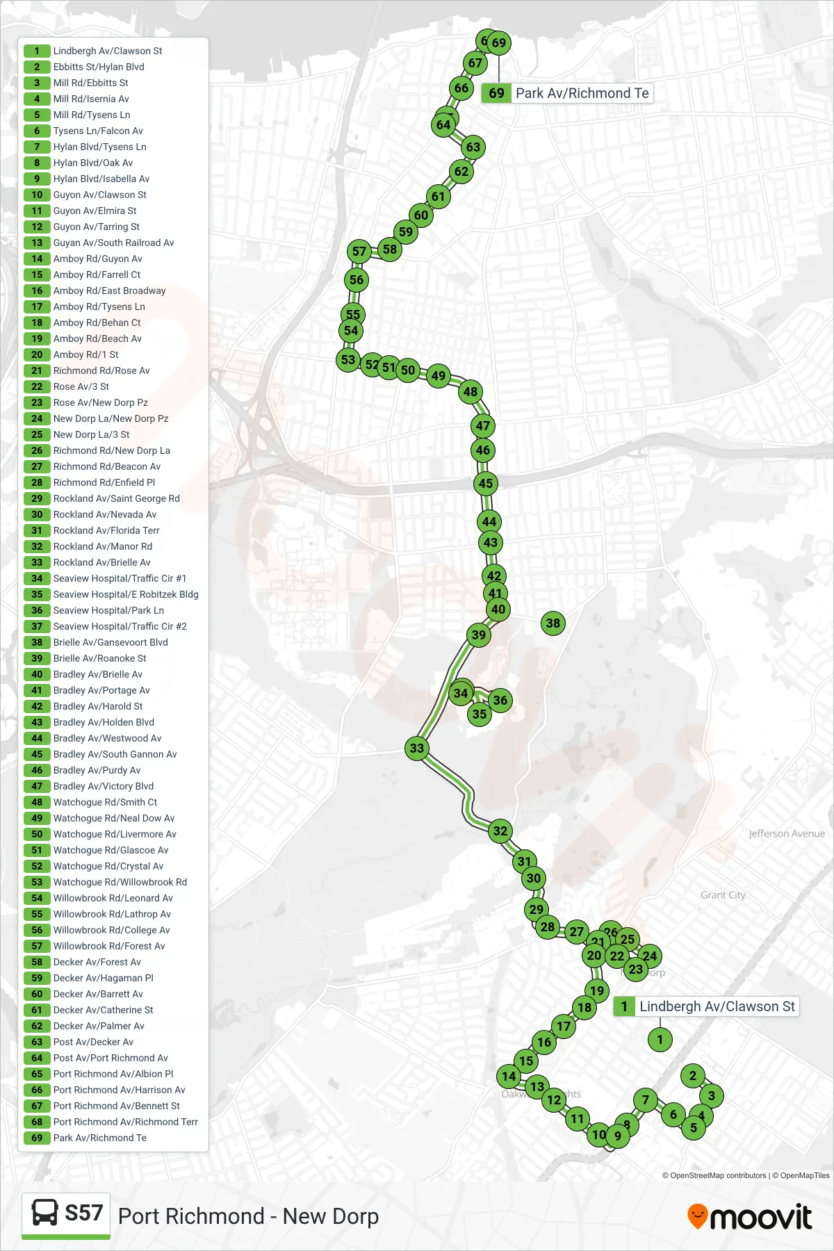 S57 bus Line (Port Richmond) route and stops on a map