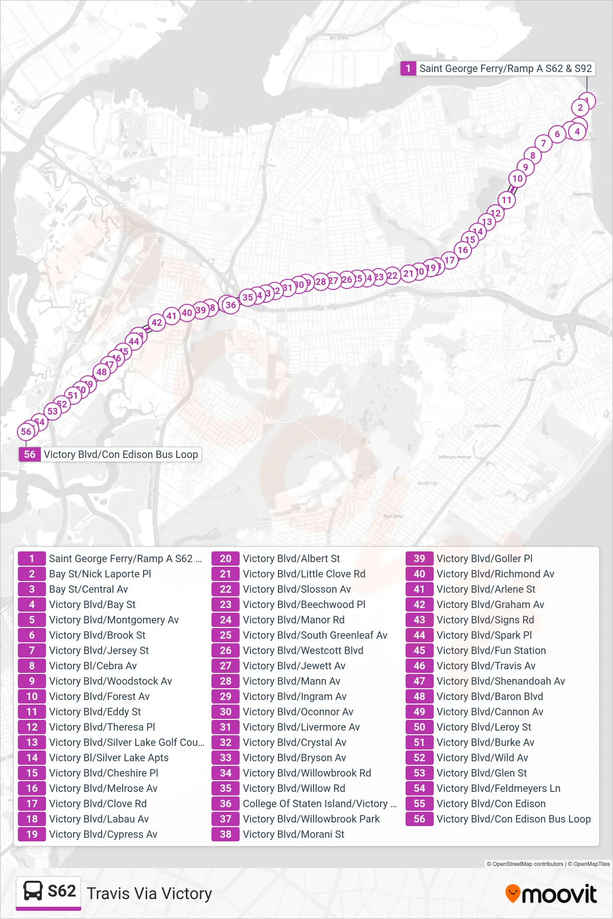 S62 bus Line (Travis Via Victory) route and stops on a map