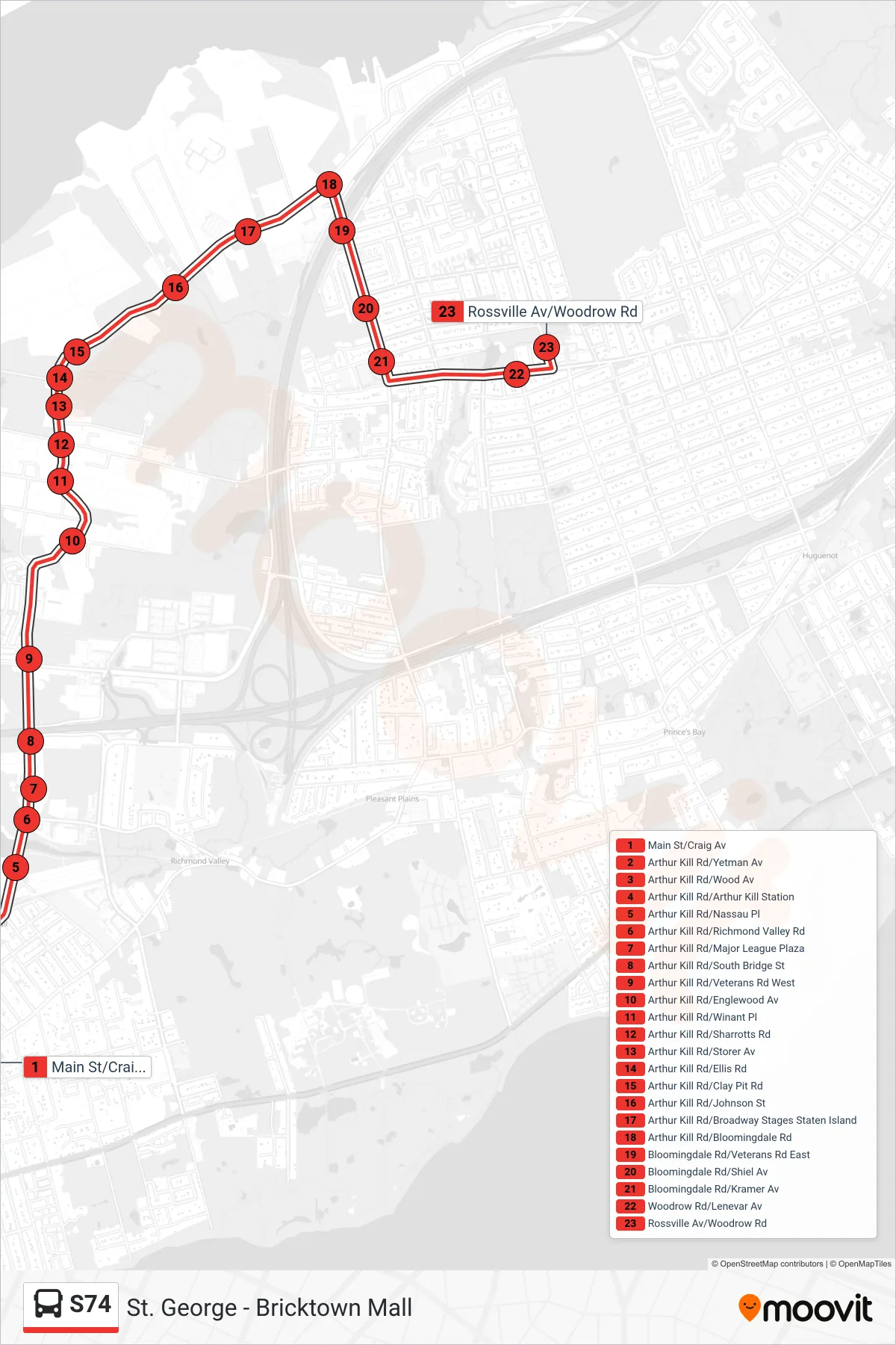 S74 bus Line (Rossville Av) route and stops on a map