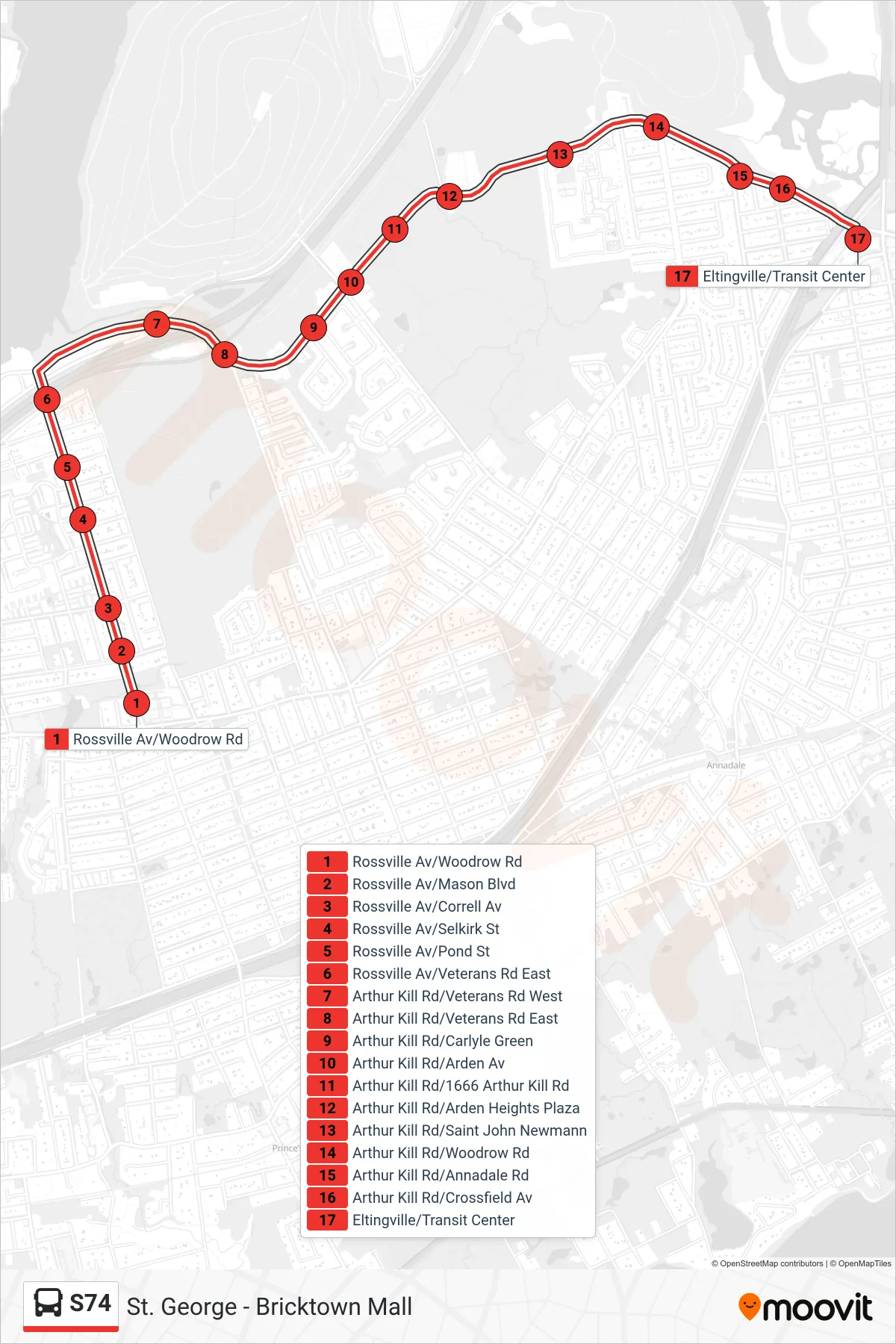 S74 bus Line (Eltingville Transit Ctr) route and stops on a map