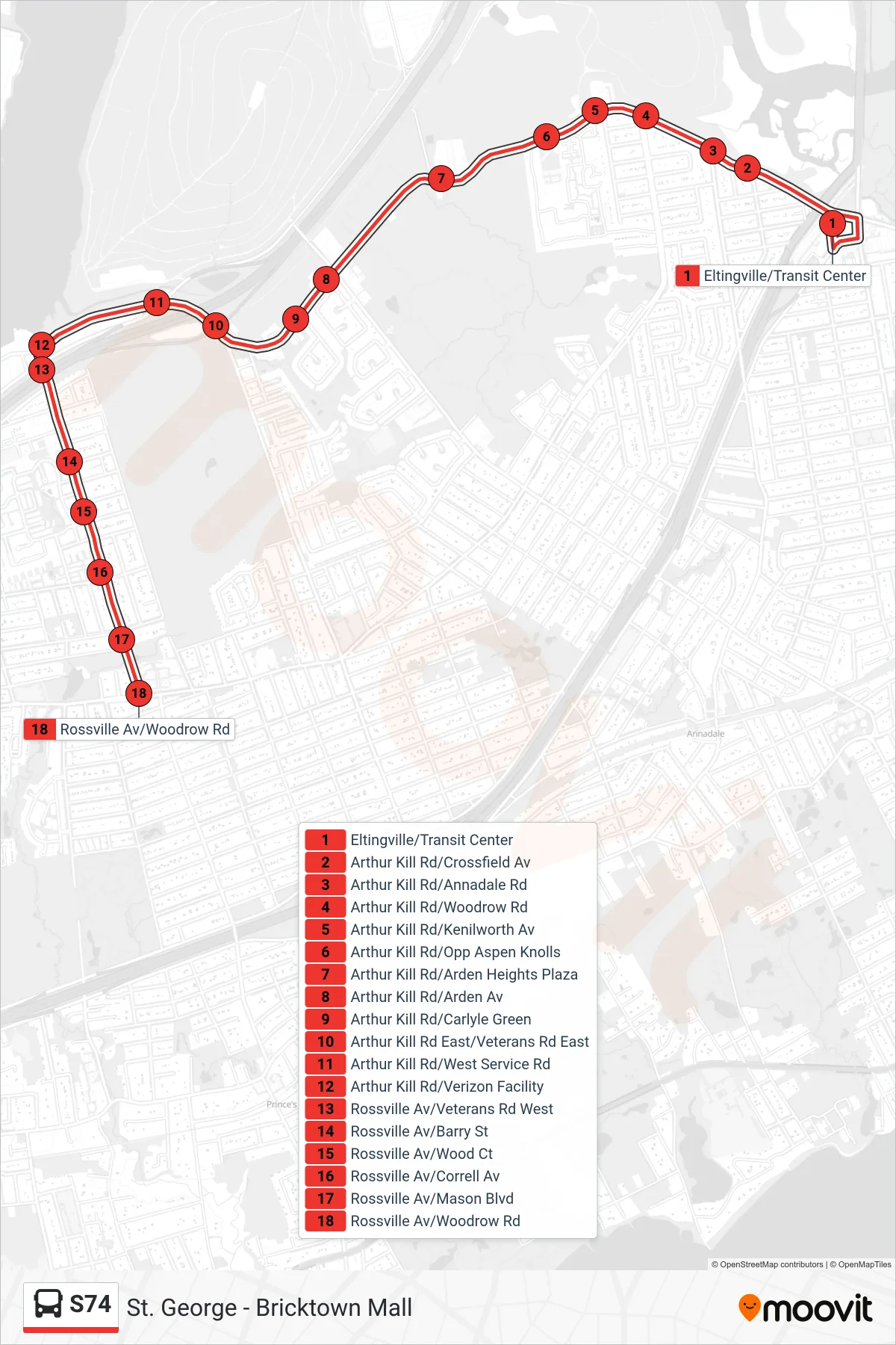 S74 bus Line (Rossville Av) route and stops on a map