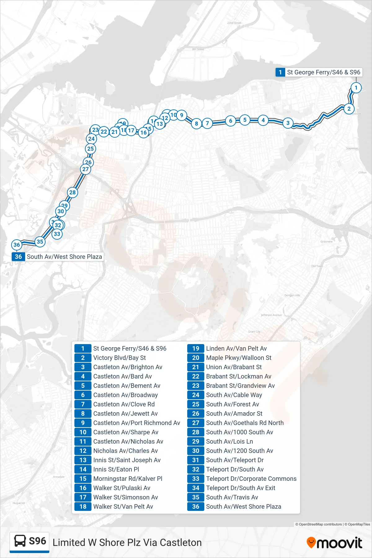 S96 bus Line (Limited W Shore Plz Via Castleton) route and stops on a map