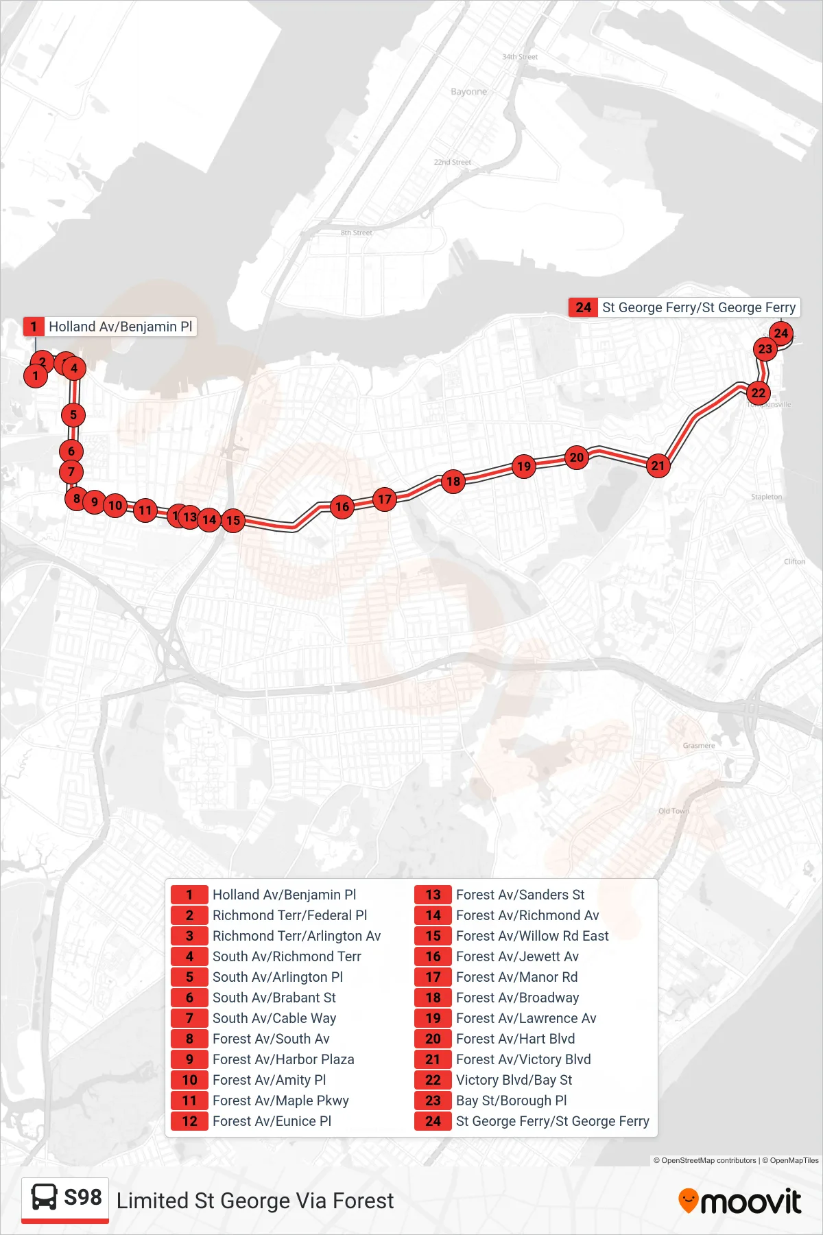 S98 bus Line (Limited St George Via Forest) route and stops on a map