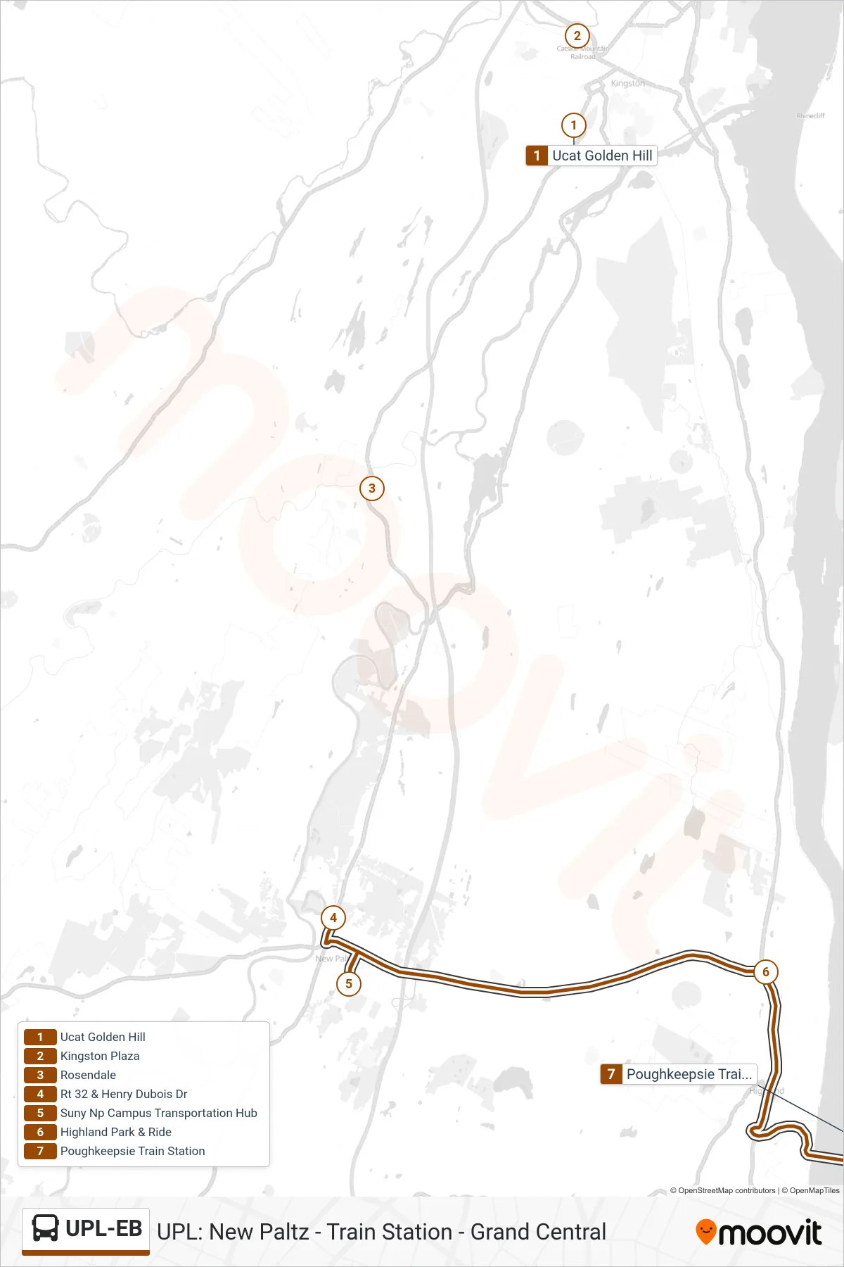 UPL-EB bus Line (Poughkeepsie Train Station) route and stops on a map