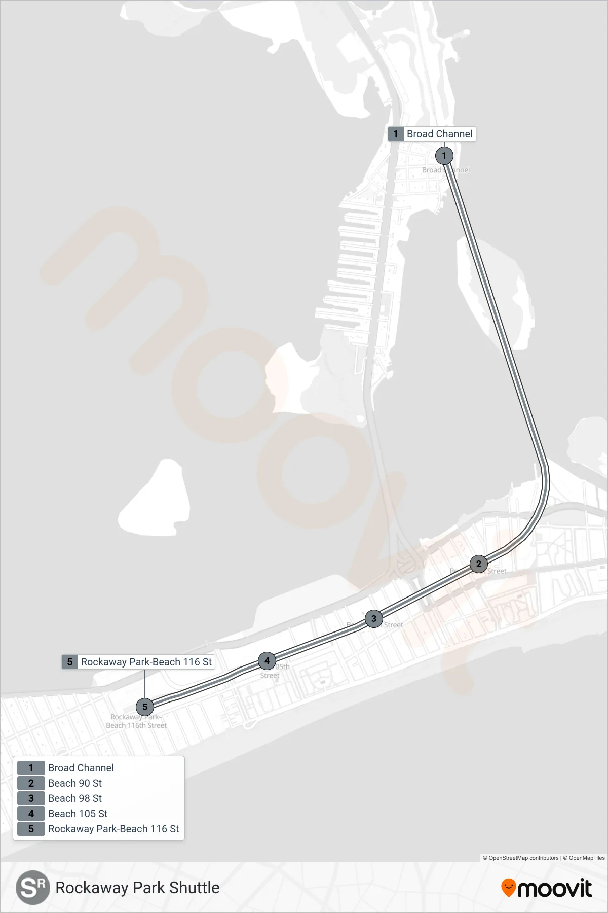 SR subway Line (Rockaway Park-Beach 116 St) route and stops on a map